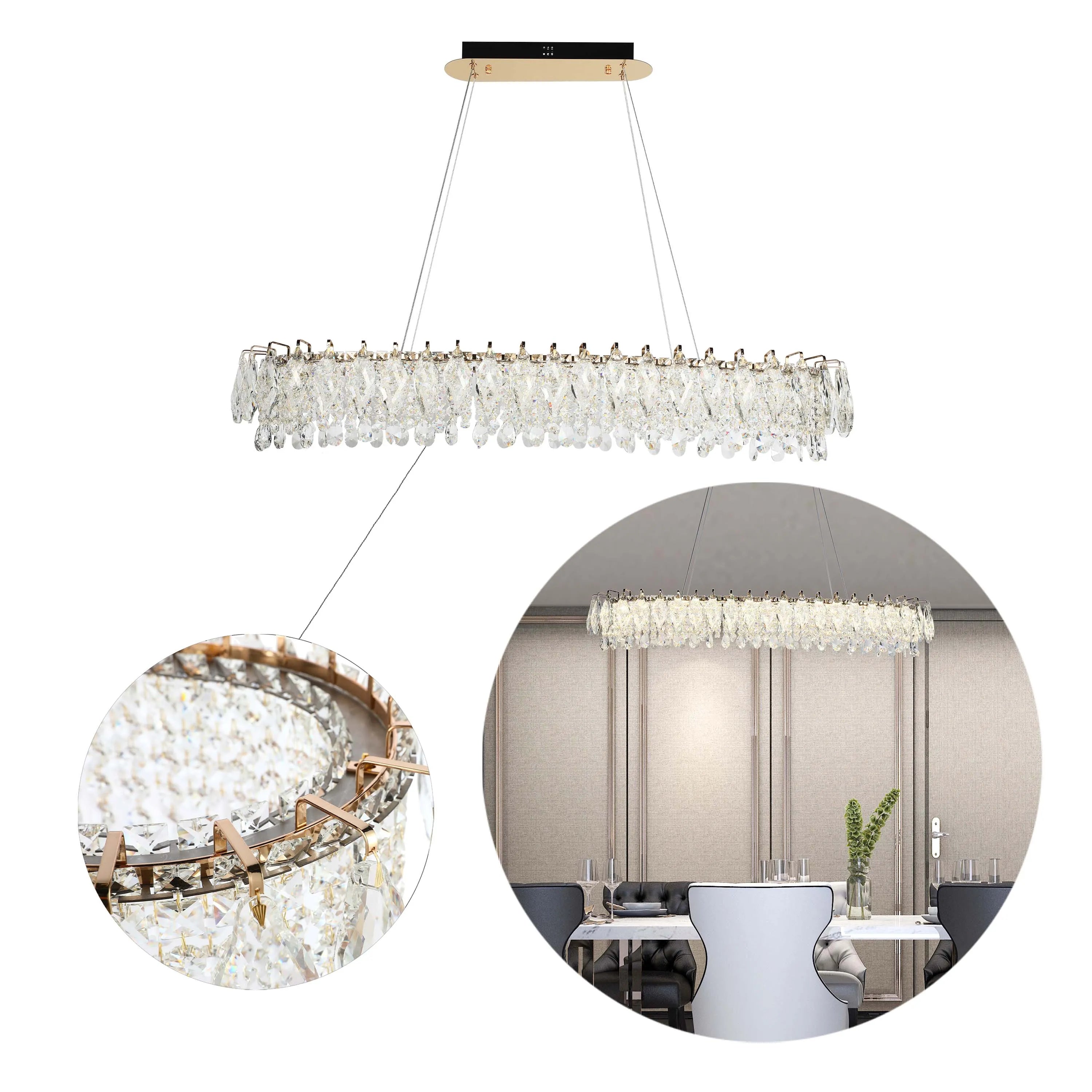 Rectangular crystal chandelier with gold trim and subtle illumination for a modern, sophisticated dining area.