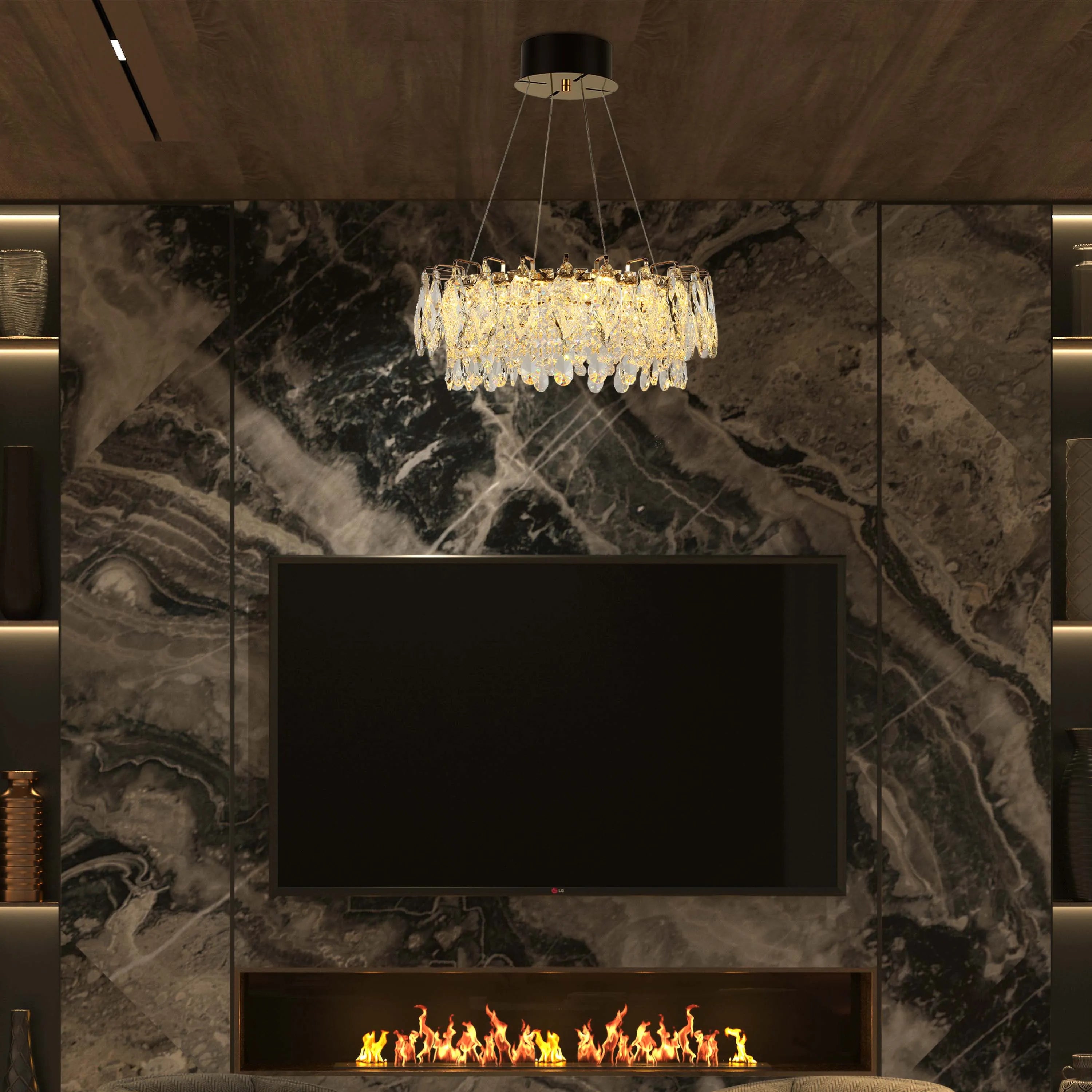 Opulent crystal chandelier hangs above a modern fireplace. Integrated shelf lighting highlights decorative vases.