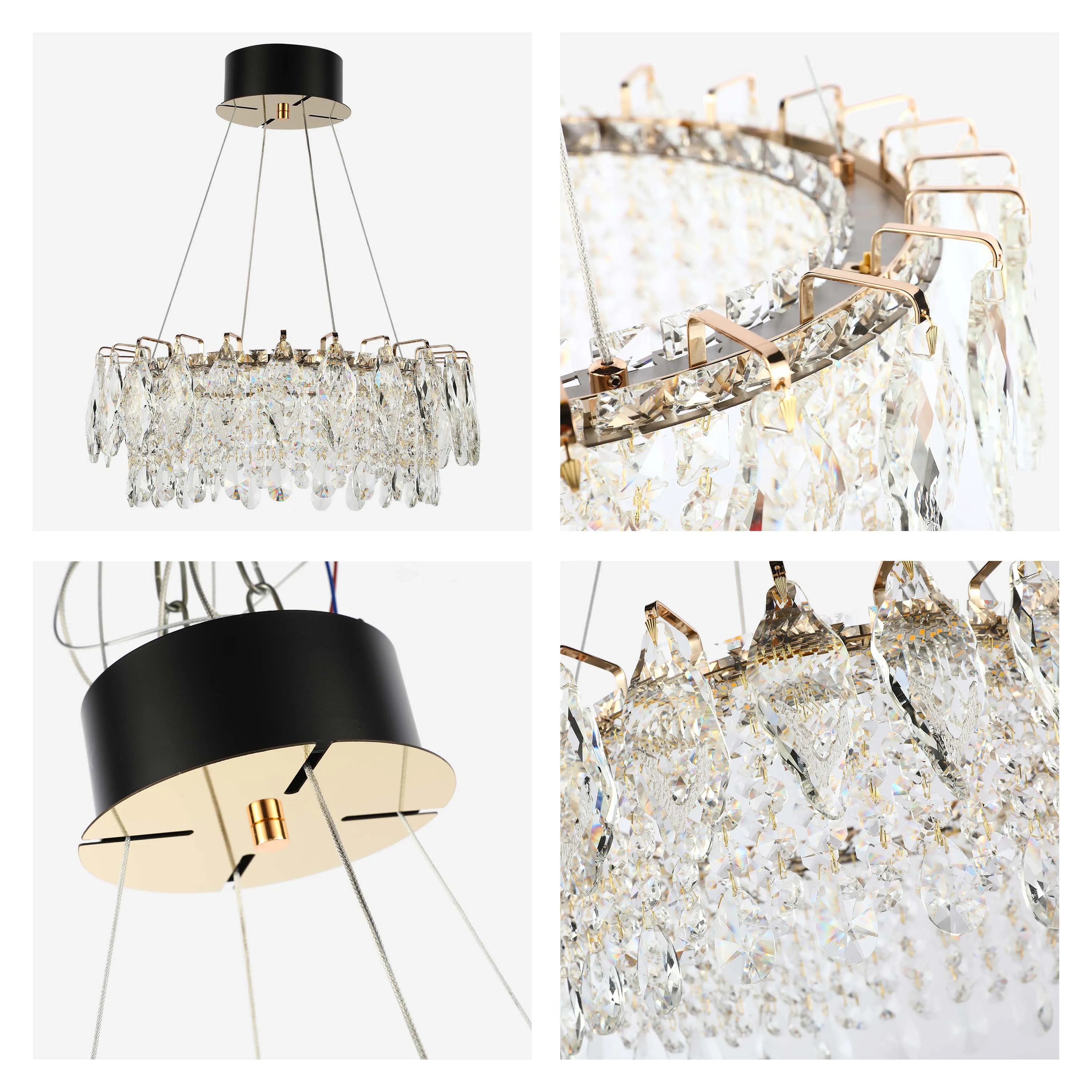 A round, crystal-draped ceiling light with gold fittings and a black mount. Creates a sparkling, glamorous effect.