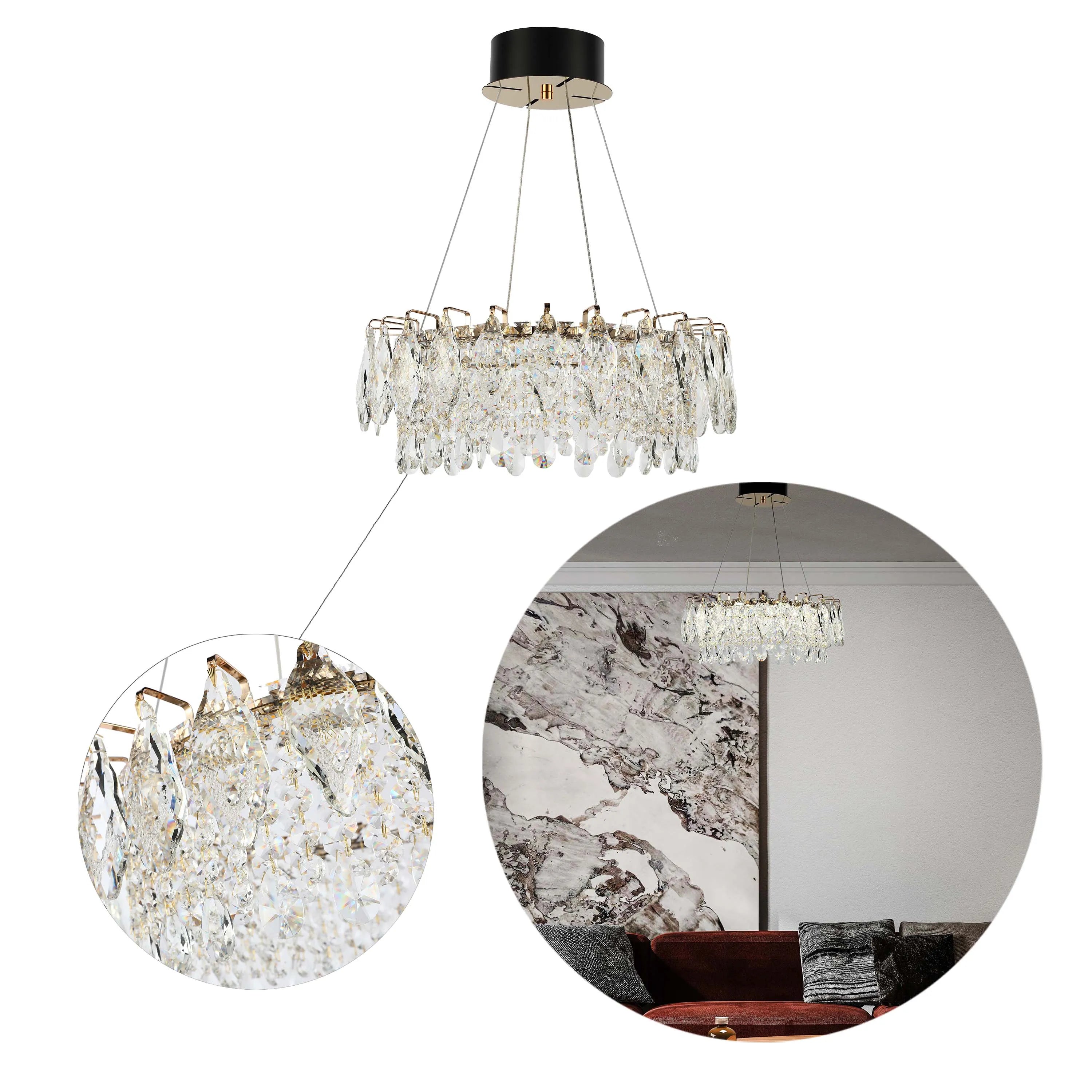A modern, crystal chandelier with a gold frame and black ceiling fitting, creating a luxurious and eye-catching light.