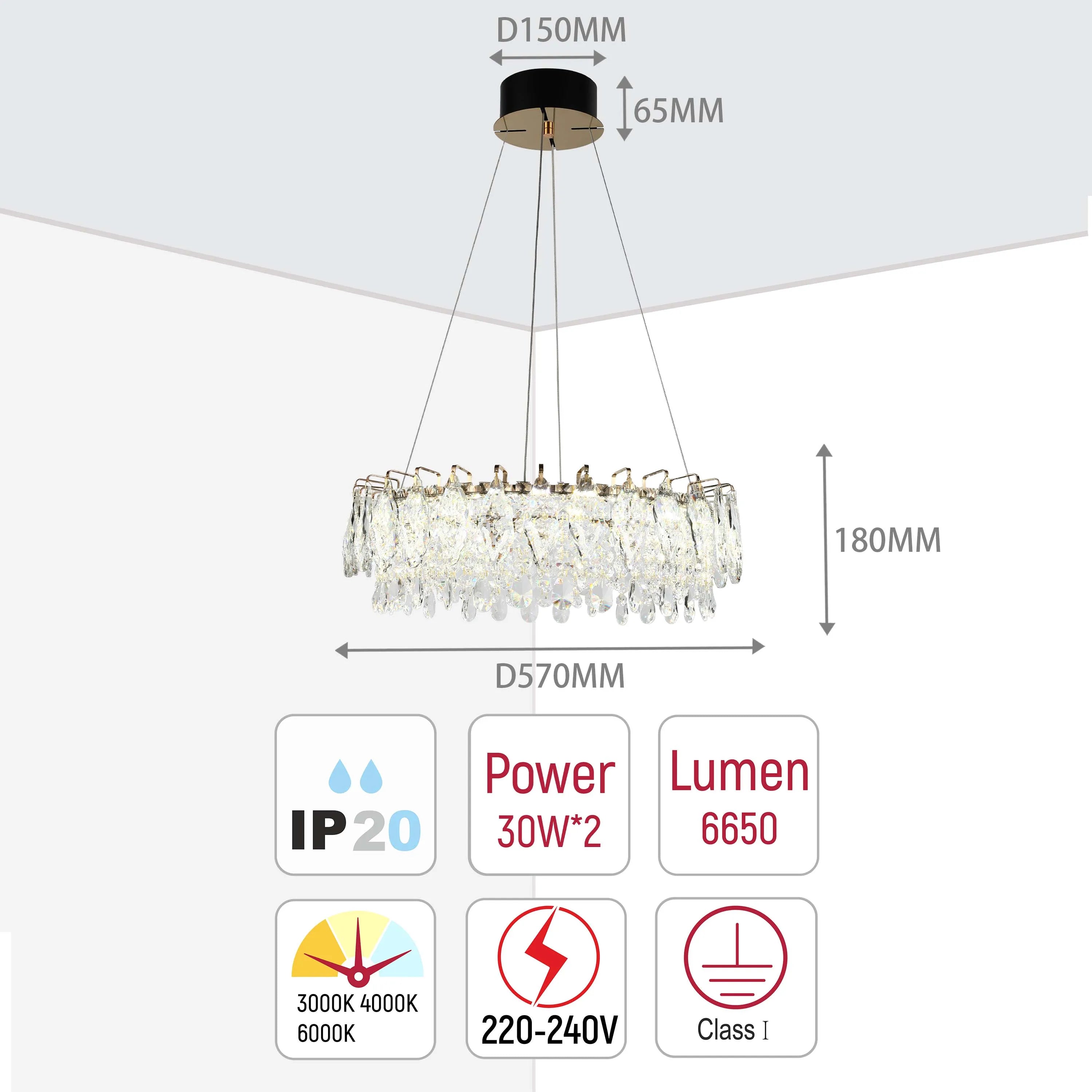 A stylish pendant light with crystal embellishments. Specifications include D570mm, IP20, 30W*2, and 6650 Lumens.