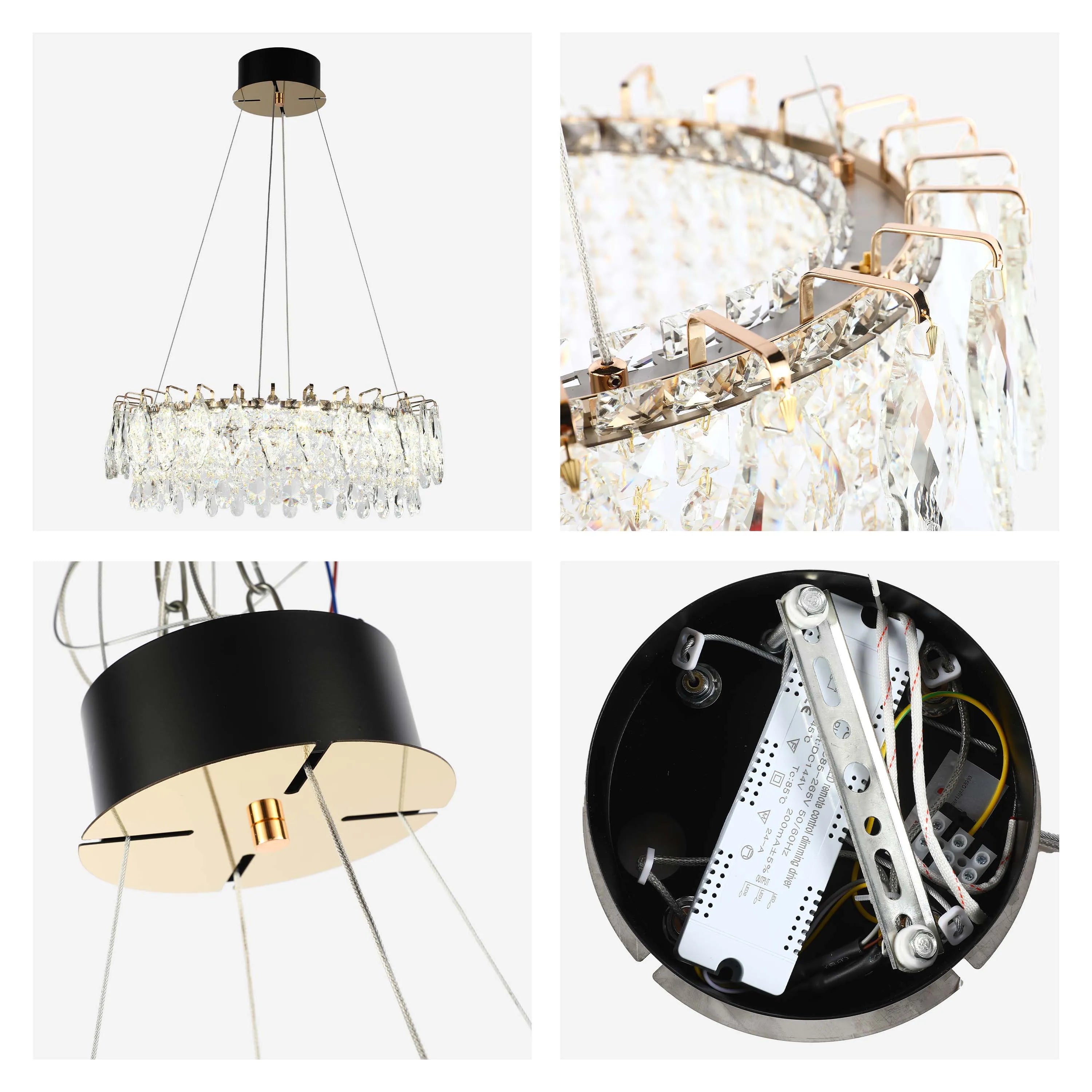 A stunning crystal chandelier, circular in shape with gold accents, showcasing intricate details and elegant design.