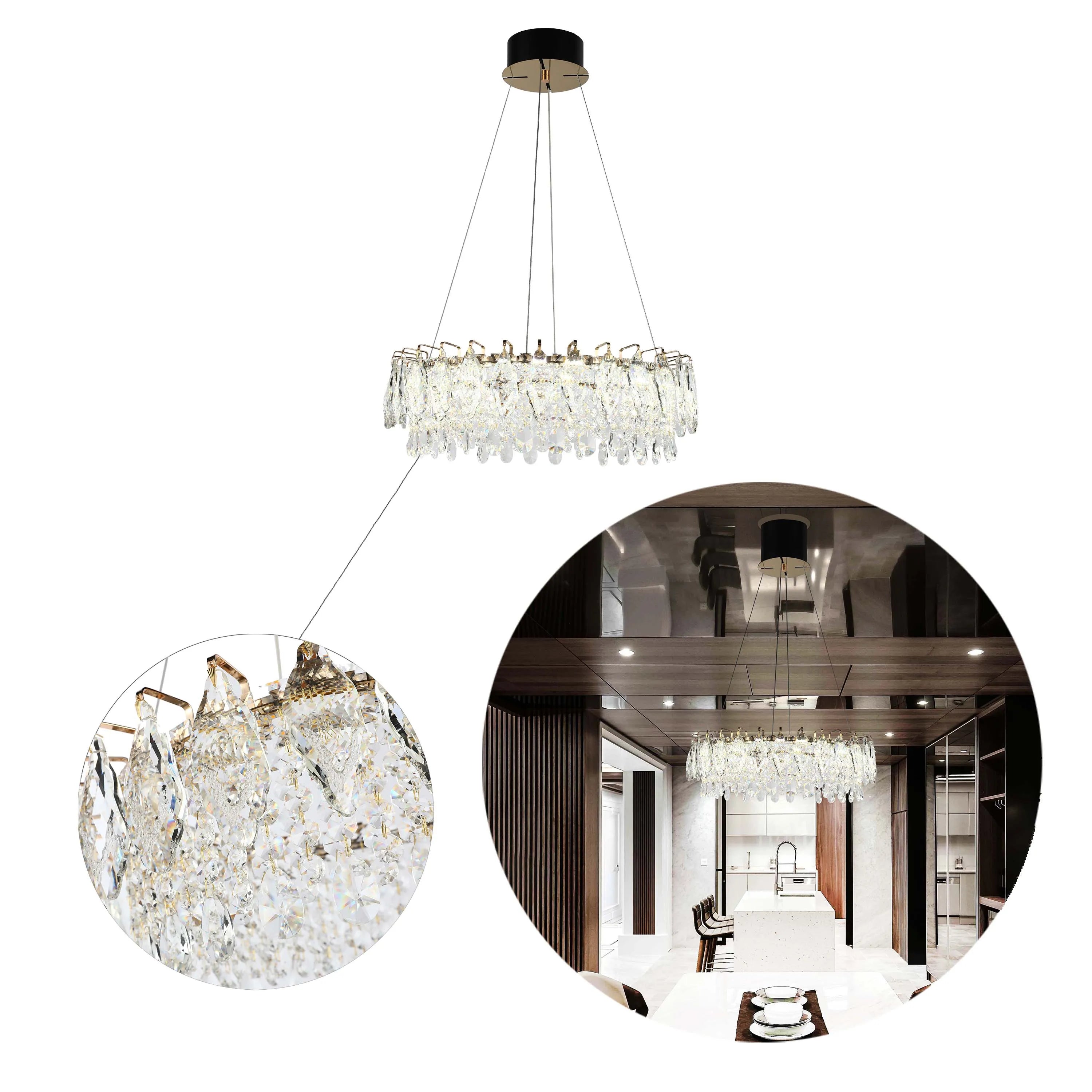 A glittering crystal chandelier hangs from the ceiling, sparkling and catching the light in an opulent, modern space.