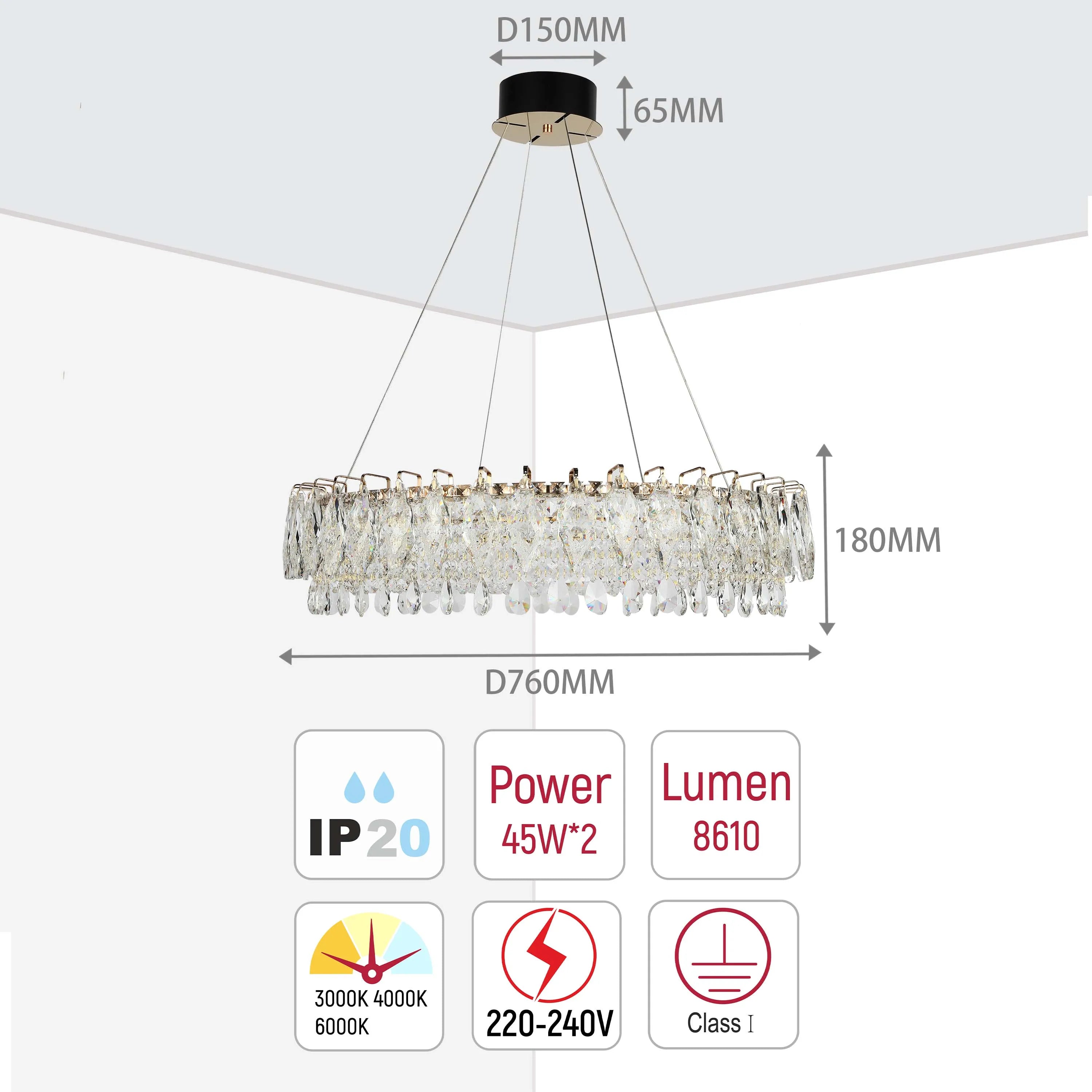 A round crystal chandelier with silver fittings and a black ceiling rose, showcasing its dimensions and technical specifications.