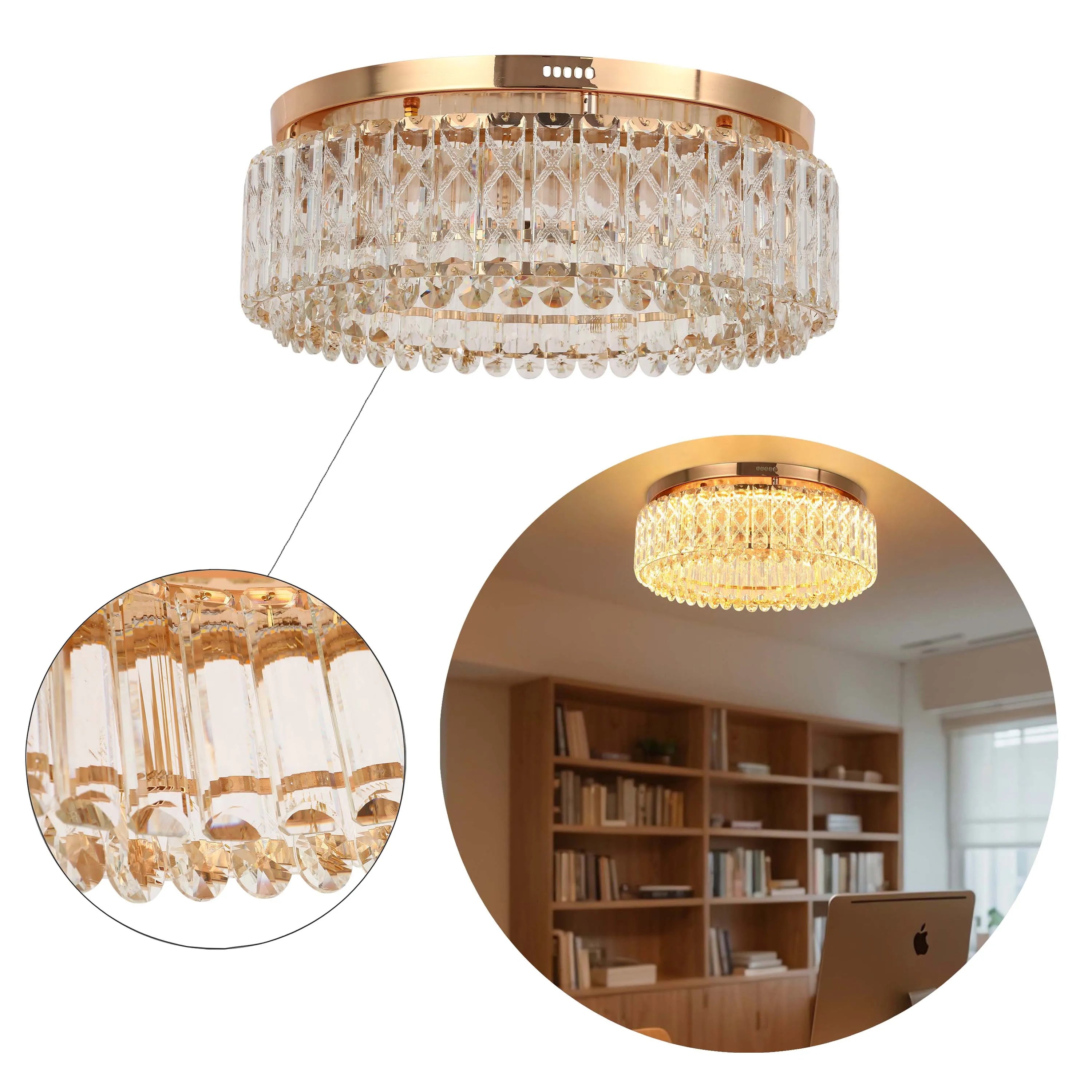 A stunning gold and crystal flush mount ceiling light, perfect for adding a touch of glamour to any room.