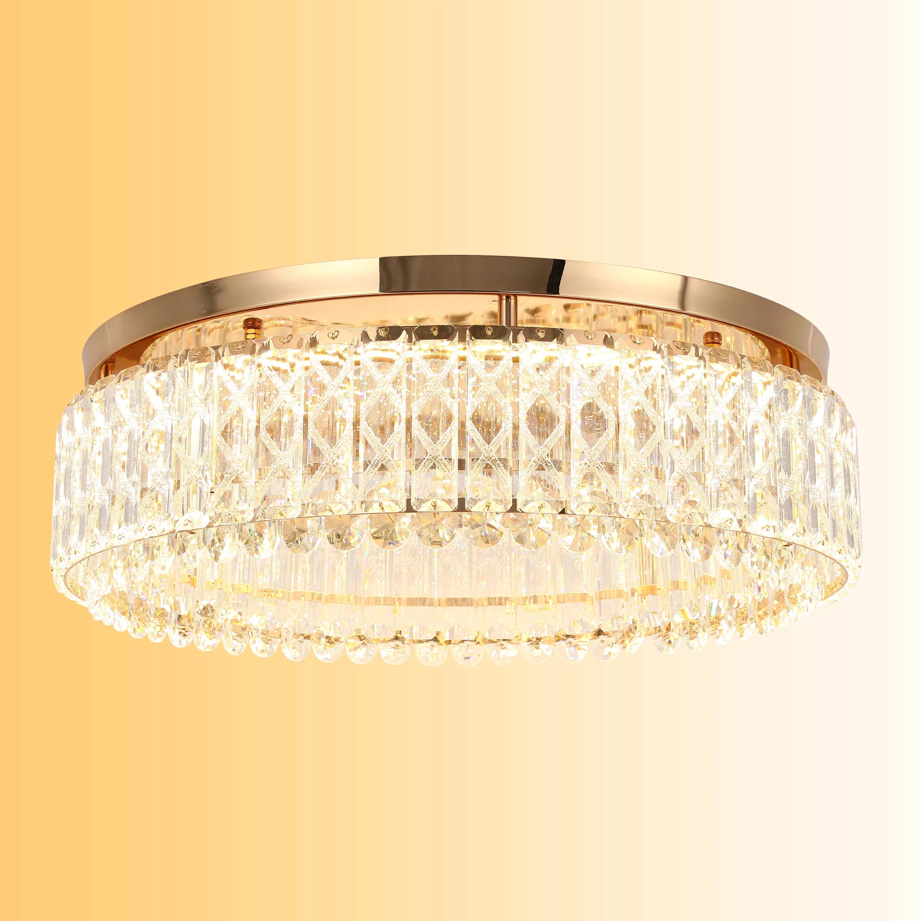 A stylish gold finish crystal chandelier. A dazzling display of sparkle, perfect for adding a touch of luxury to any room.