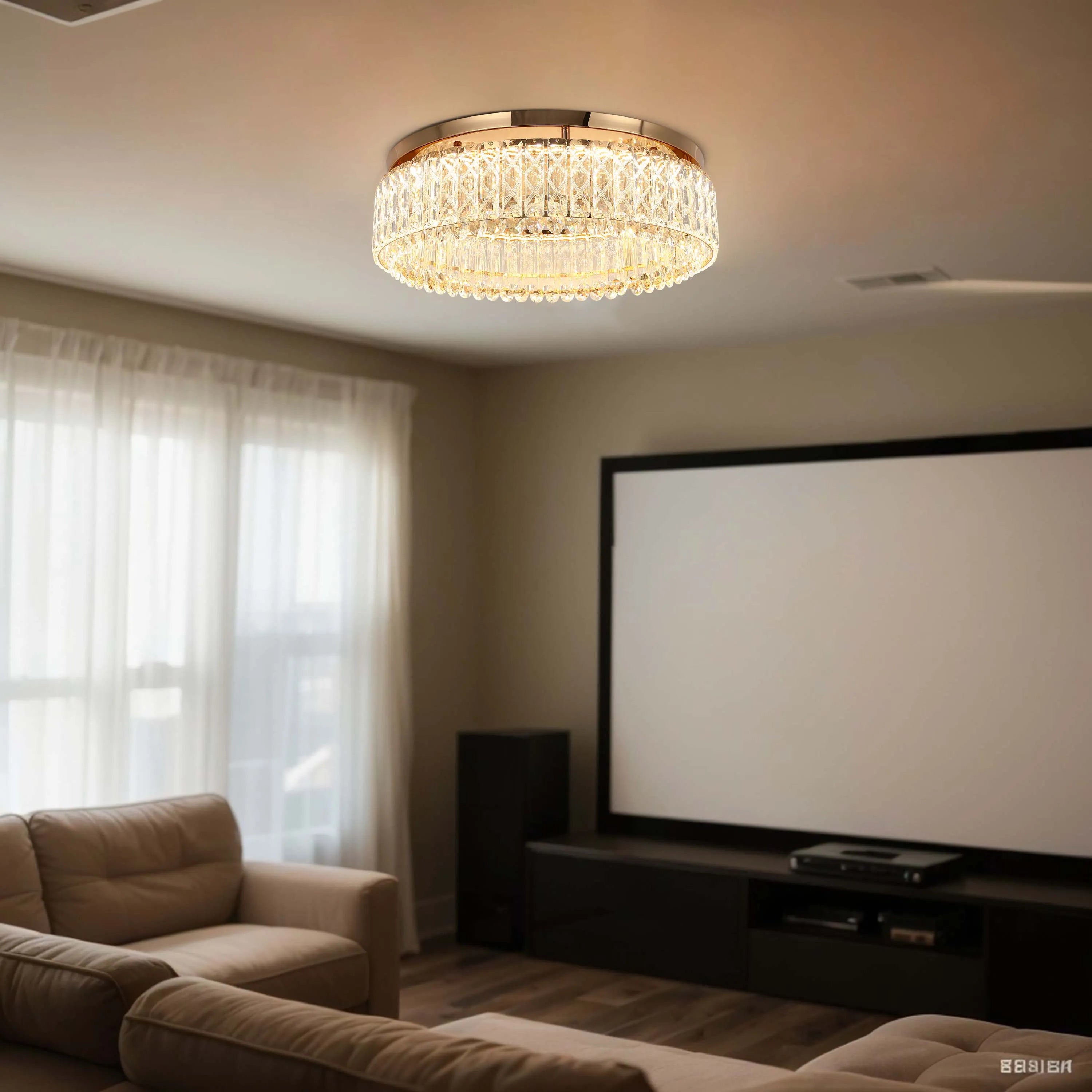 A crystal chandelier provides ambient lighting in this neutral living room, adding a touch of elegance to the space.