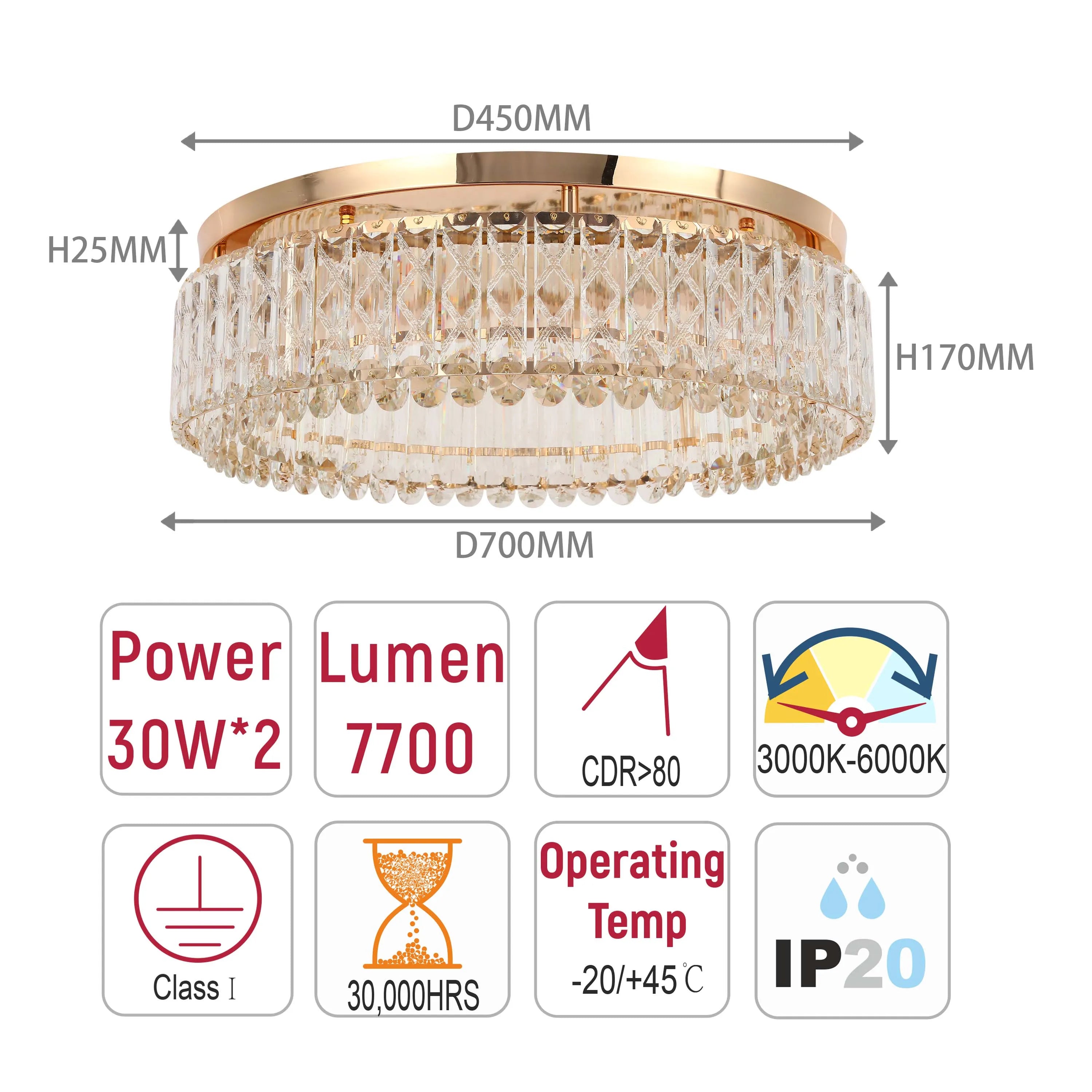Gold effect chandelier with crystals. Dimensions are shown. Power: 30W*2, Lumen: 7700.