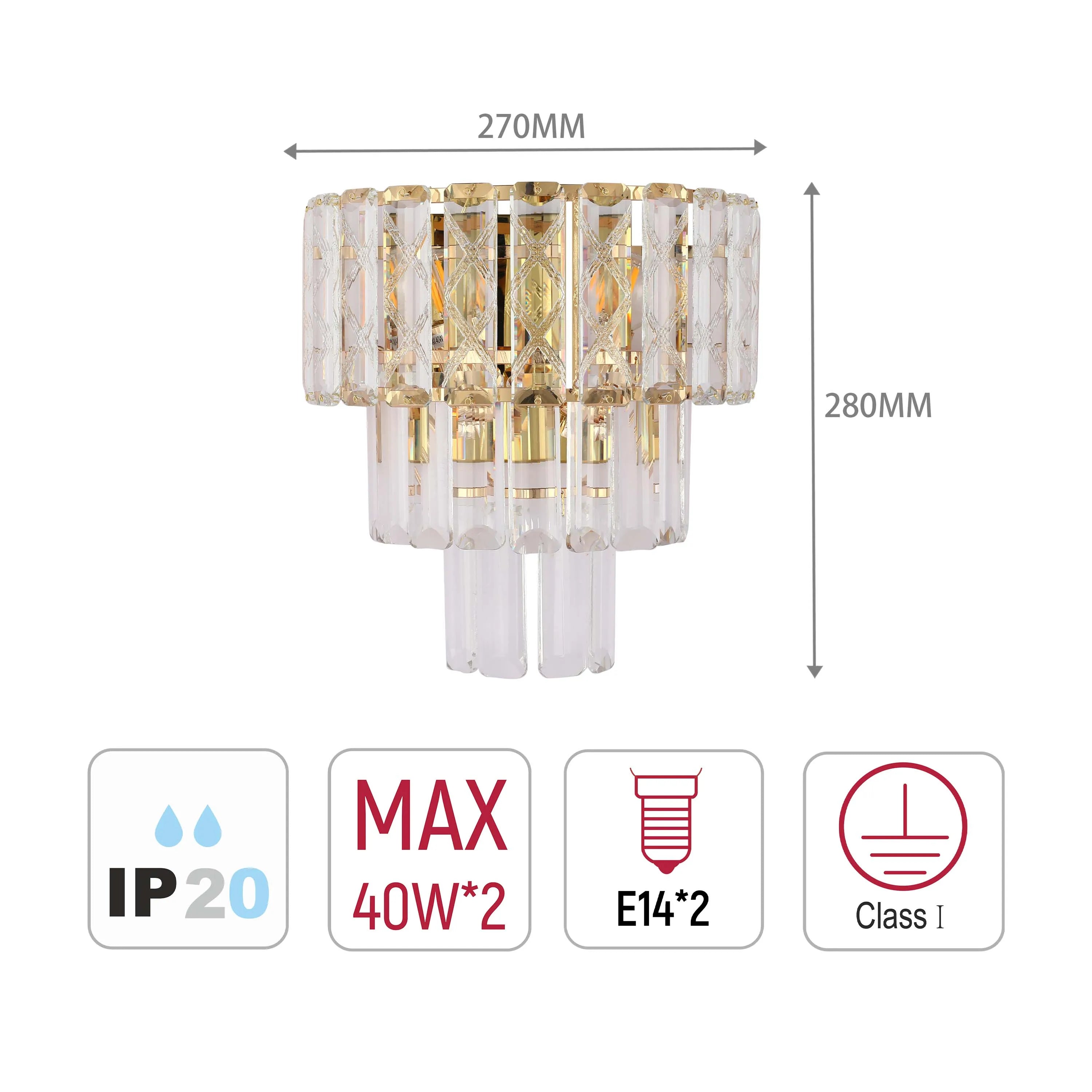 A 2-light crystal wall light with 270mm width and 280mm height. Max 40W, E14 bulb and Class I rated.