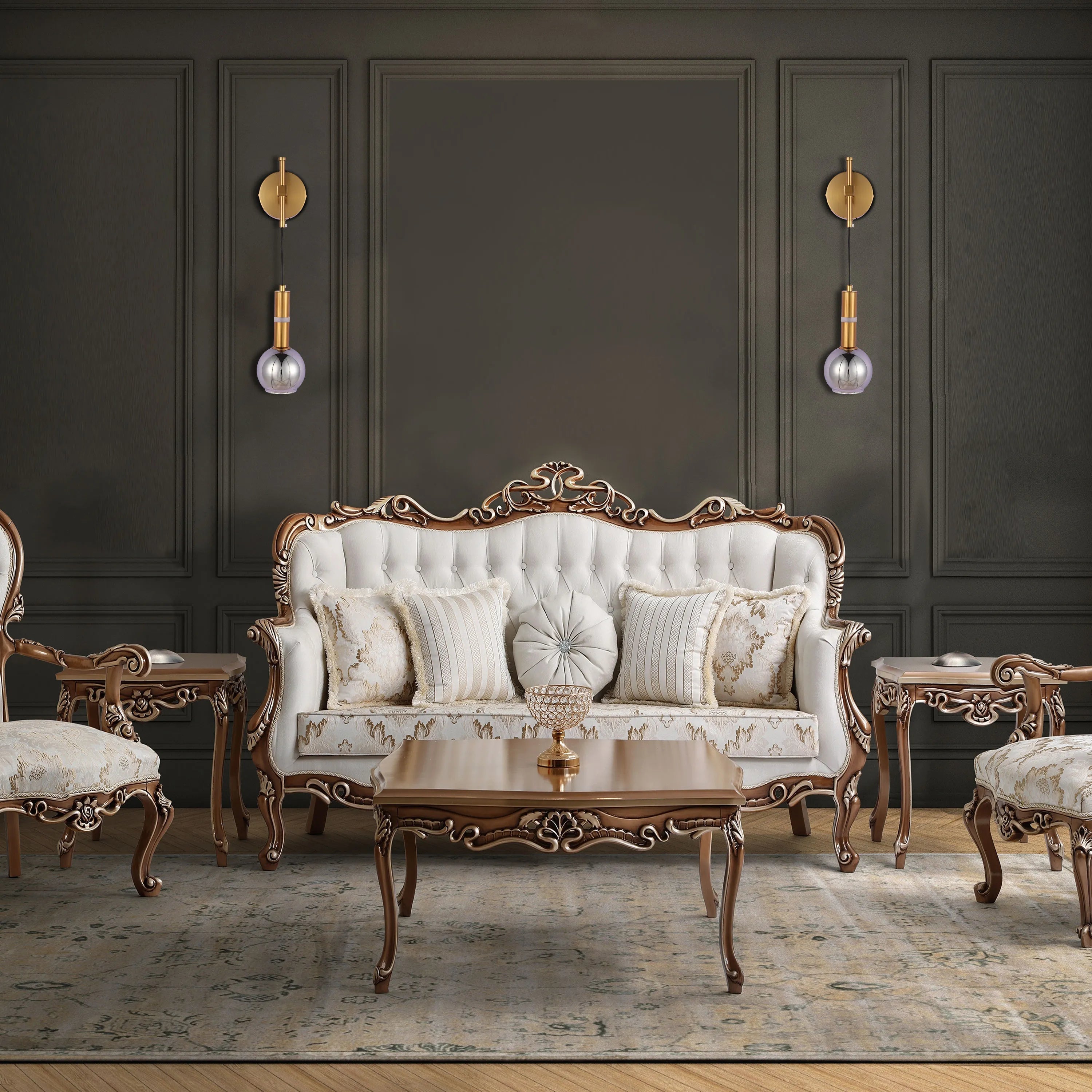 Sconces illuminate the room with warm, ambient light. Their gold finish adds a touch of opulence against the dark walls.