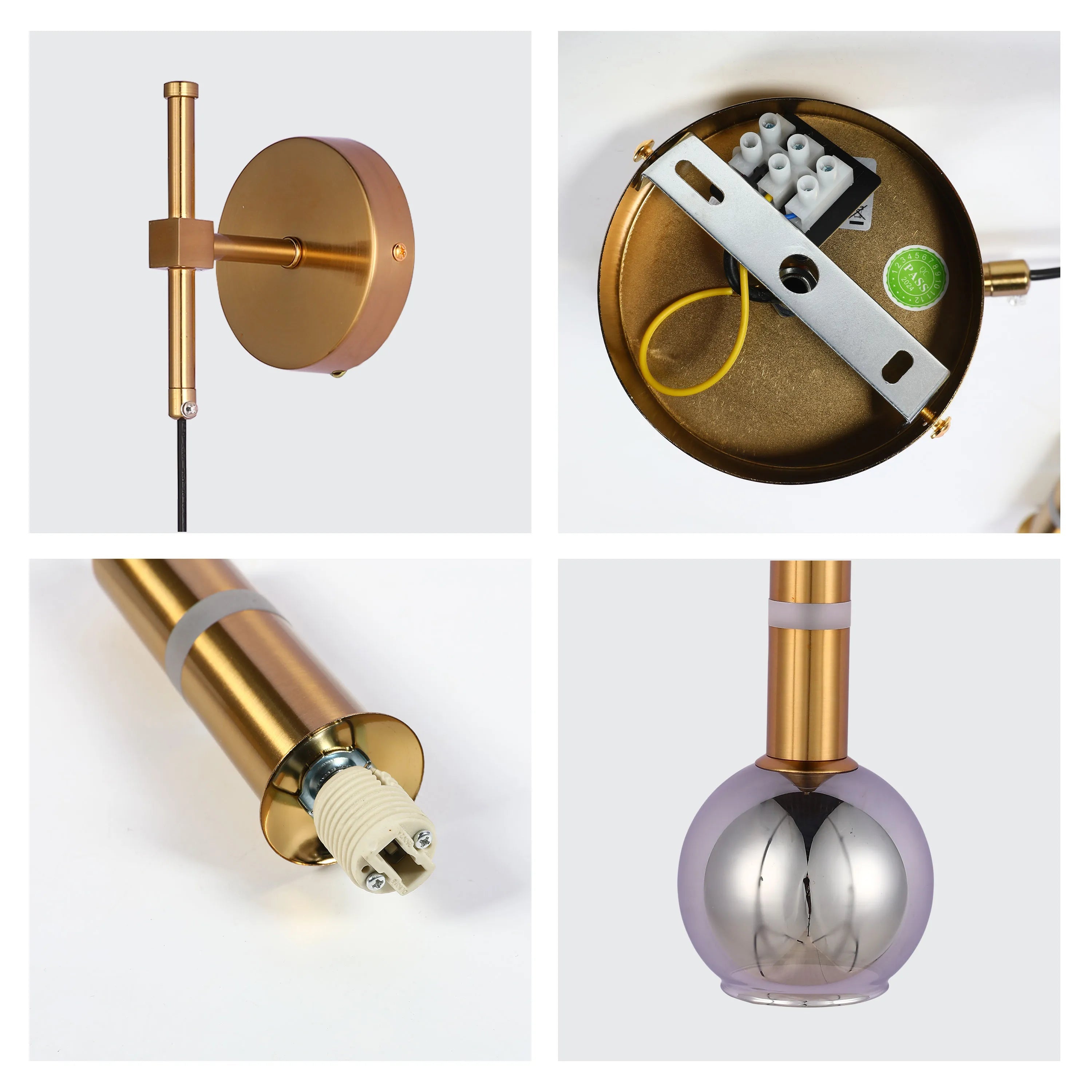 Contemporary wall light with a metallic gold finish and spherical glass lampshade, providing stylish ambient lighting.
