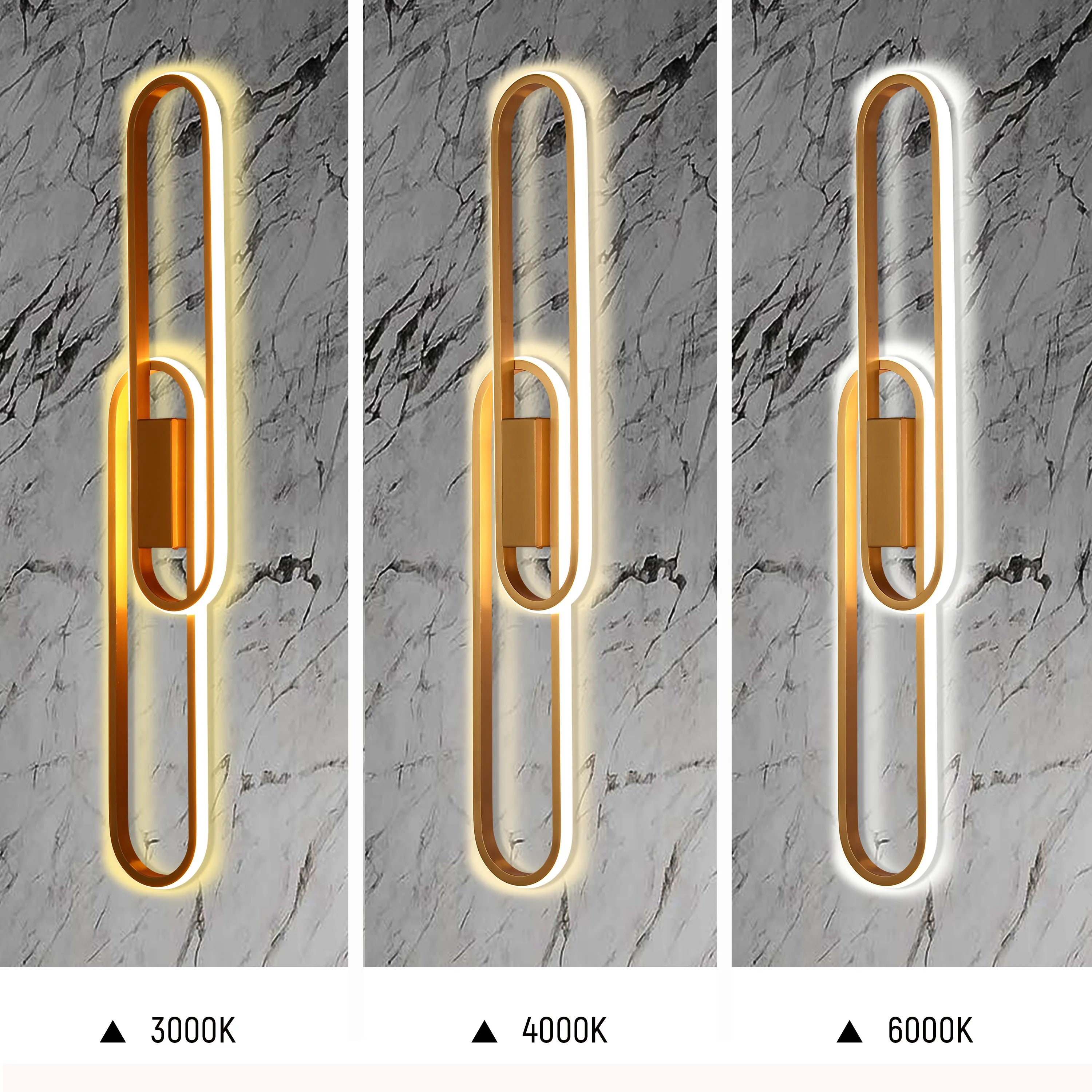 Modern gold and white LED wall light, available in 3000K, 4000K and 6000K colour temperatures.