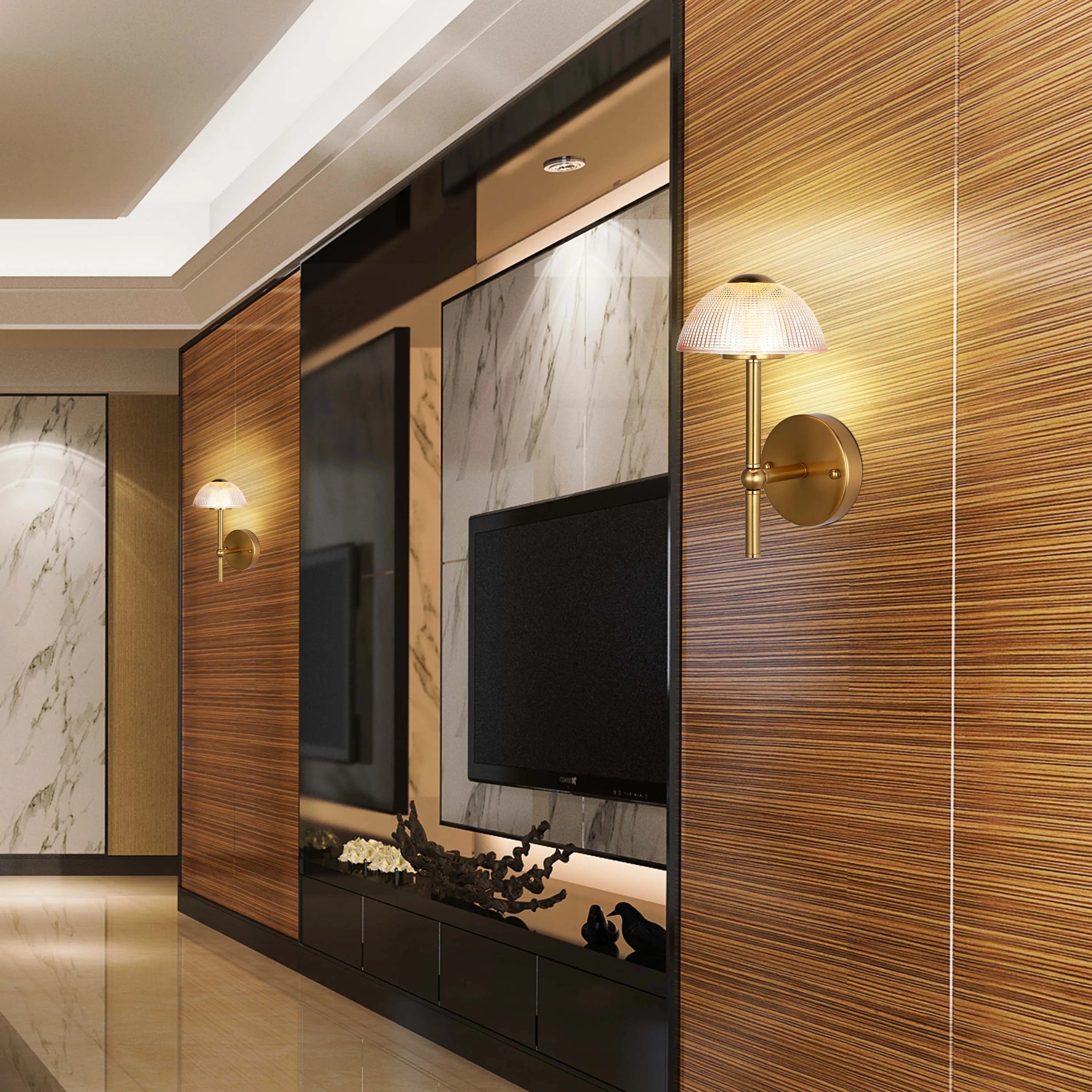 Stylish interior lighting featuring wall-mounted sconces with decorative glass shades and warm, inviting light. Modern and elegant design.