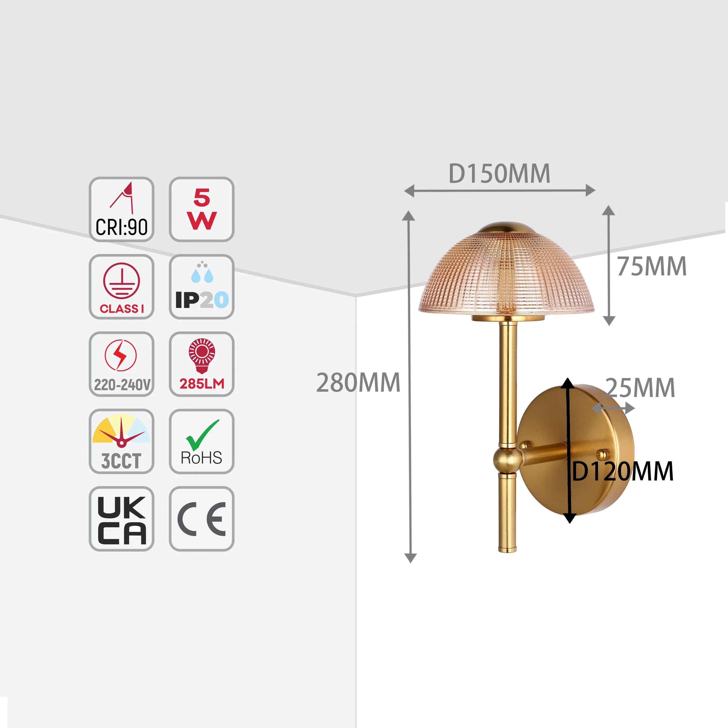 Gold coloured wall light featuring a ribbed, domed lampshade and dimensions: 280mm (height), 150mm (width) & 120mm (depth).