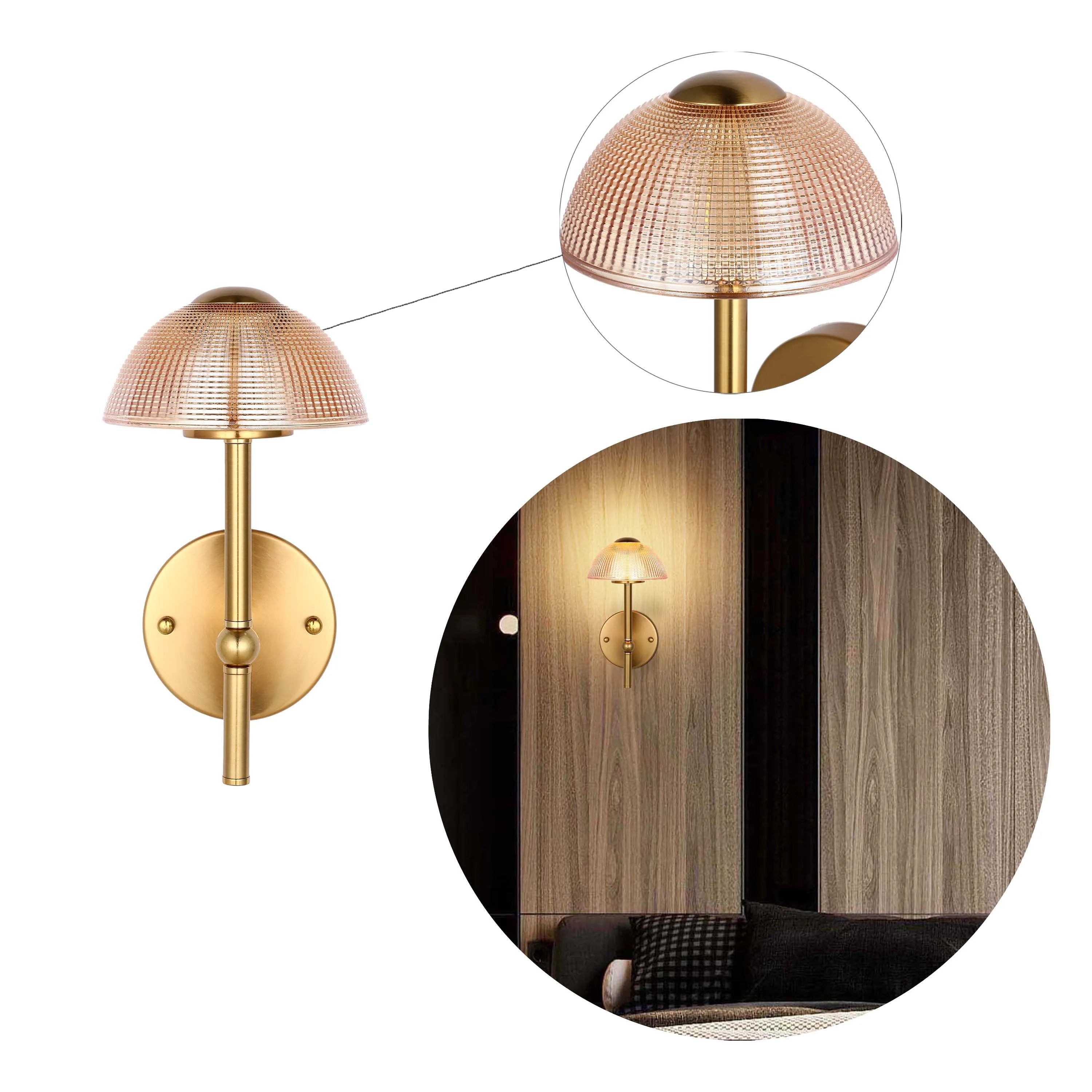 A modern wall light fixture with a patterned lampshade and gold finish. Suitable for contemporary interiors.