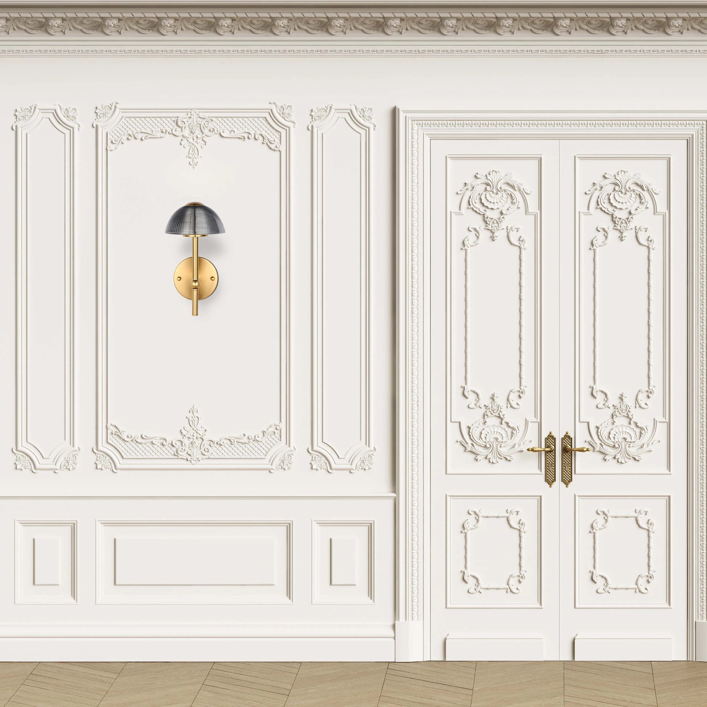 A gold and dark grey sconce-style wall light that complements the room's ornate panelling.
