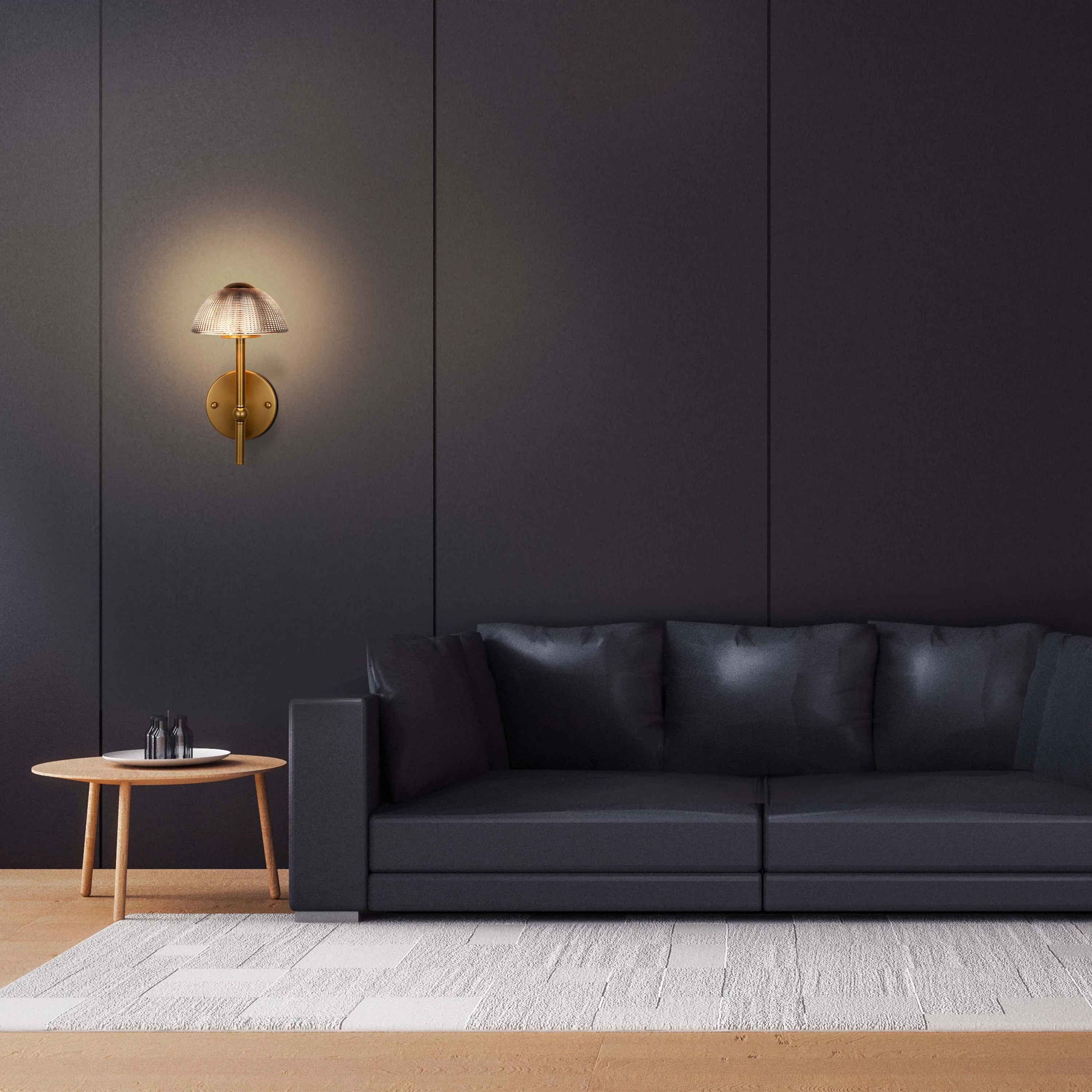 Ambient lighting from a wall-mounted sconce illuminates the room, creating a warm and inviting atmosphere.