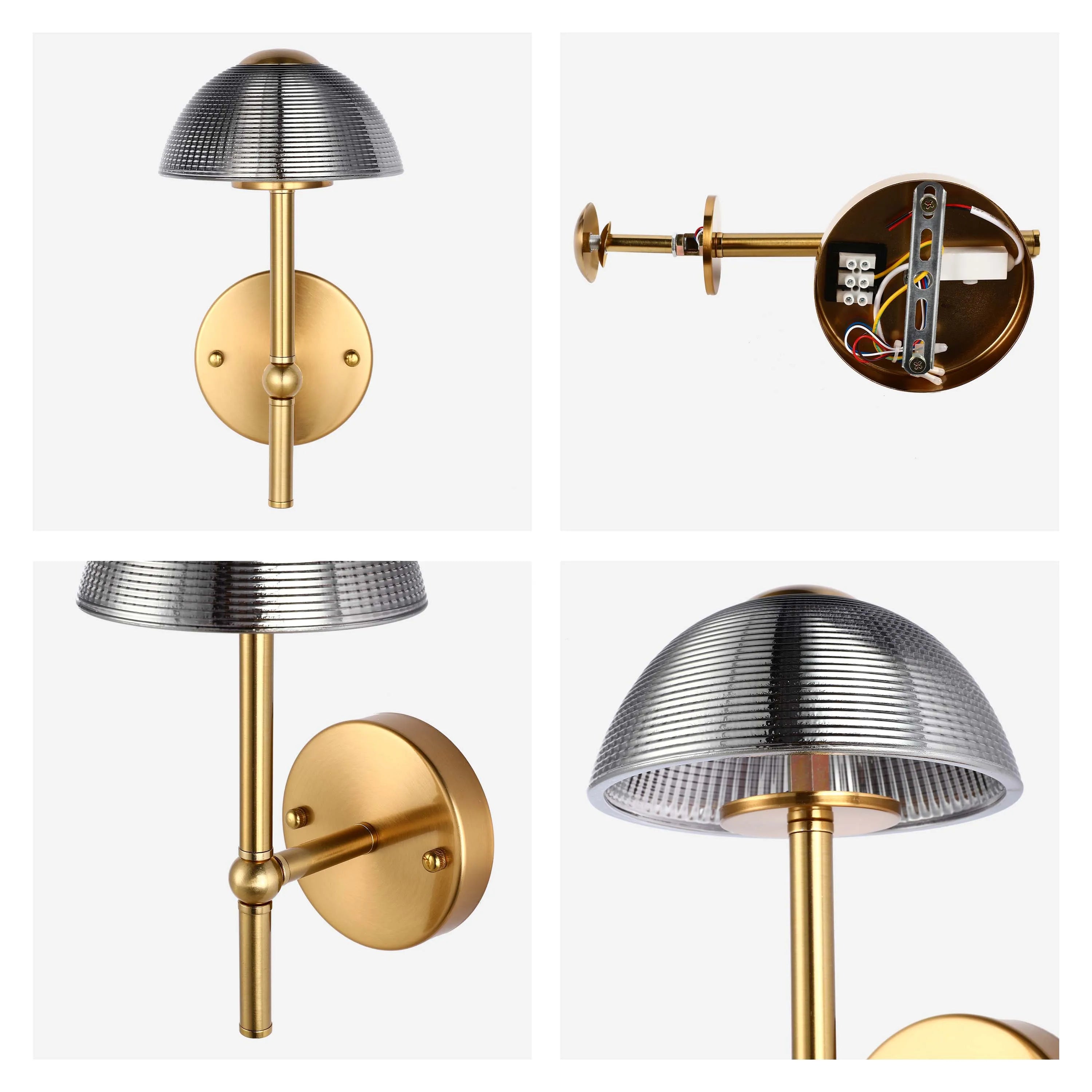 Contemporary gold wall light with a dome-shaped ridged shade. Modern and stylish lighting for your home.