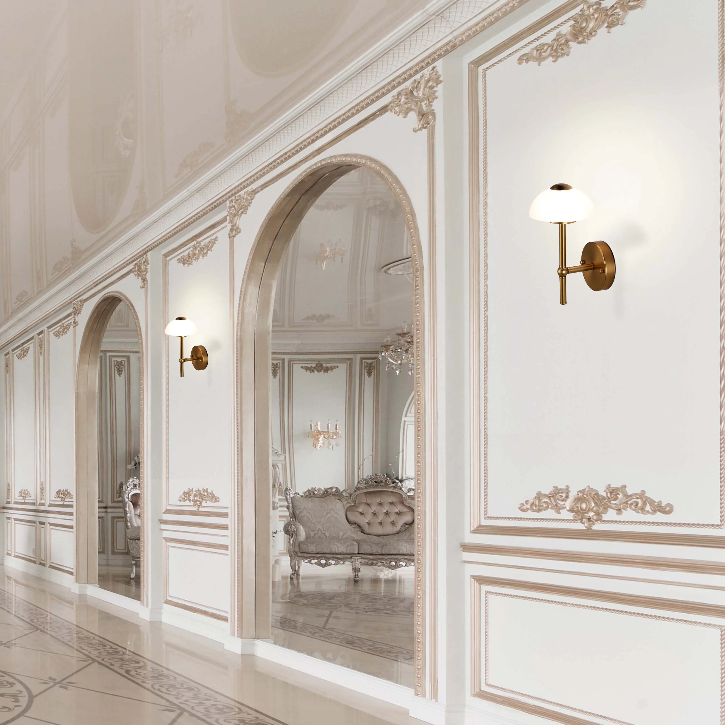 Elegant wall lights illuminate a bright, classic hallway with ornate detailing, arches and a polished floor. Luxury interior design.