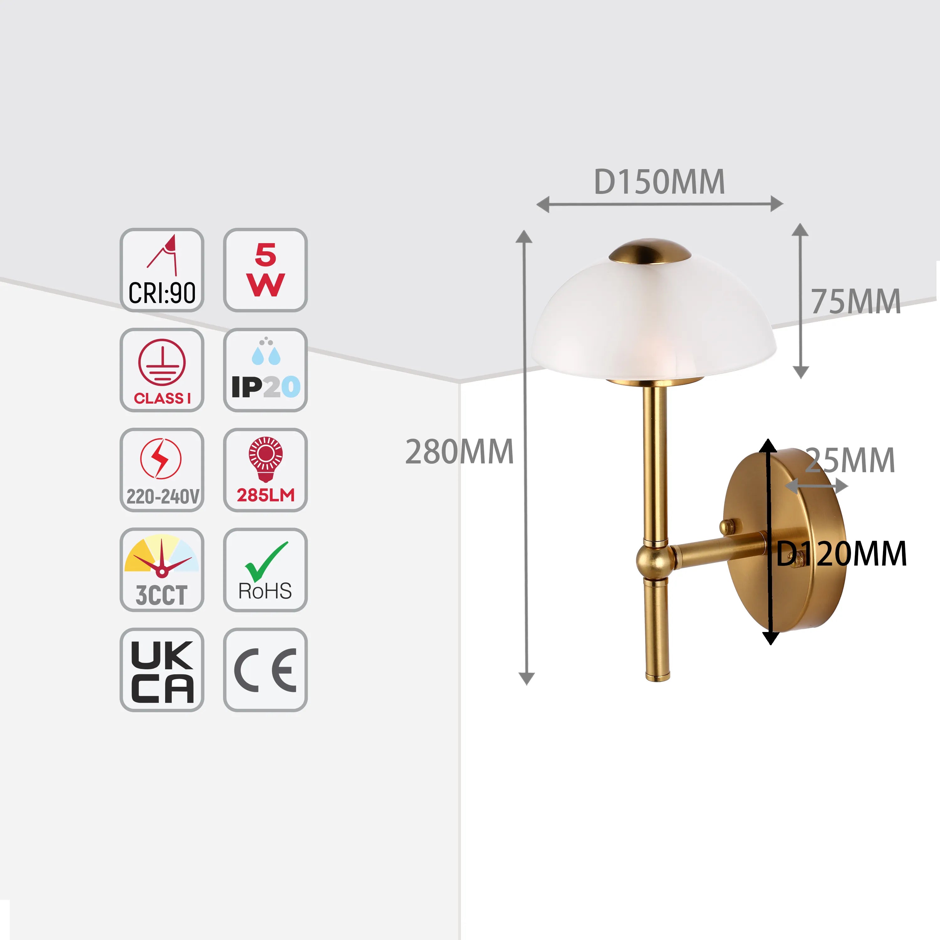 Wall light with white shade and gold stand, with dimensions displayed on the image: 280mm high, 150mm wide, 120mm diameter.