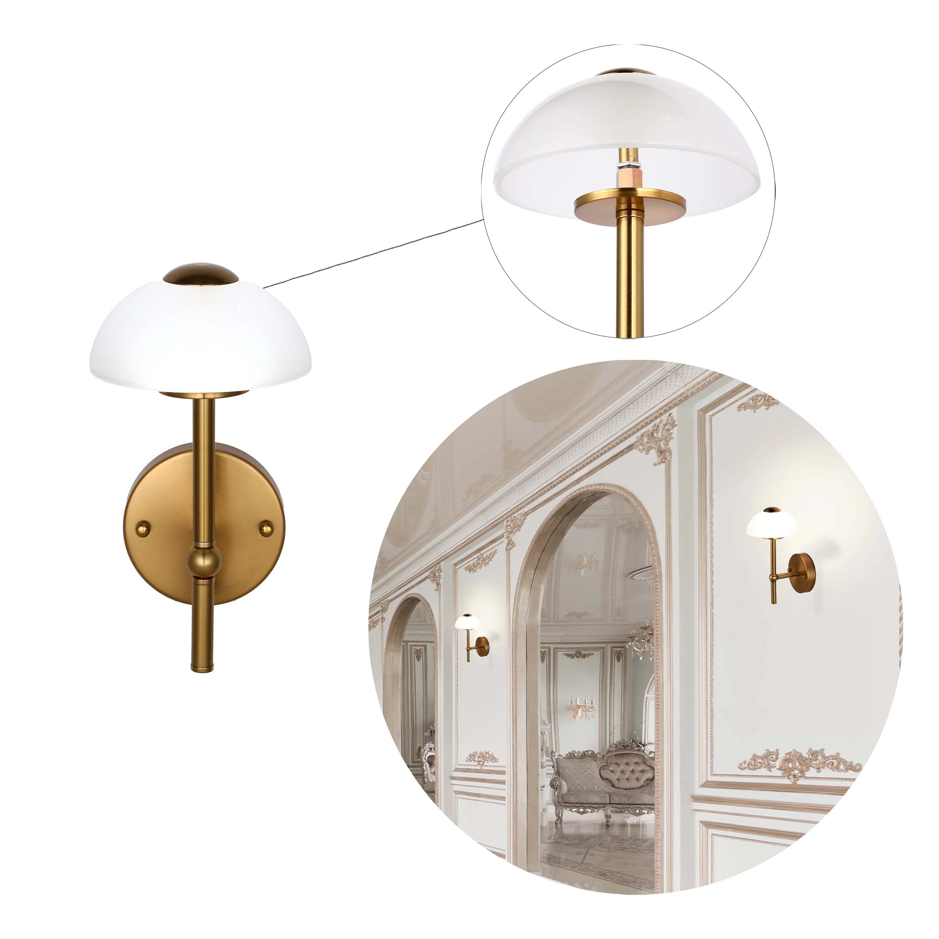 Stylish gold wall sconce with a white glass shade, perfect for adding a touch of elegance to any room.