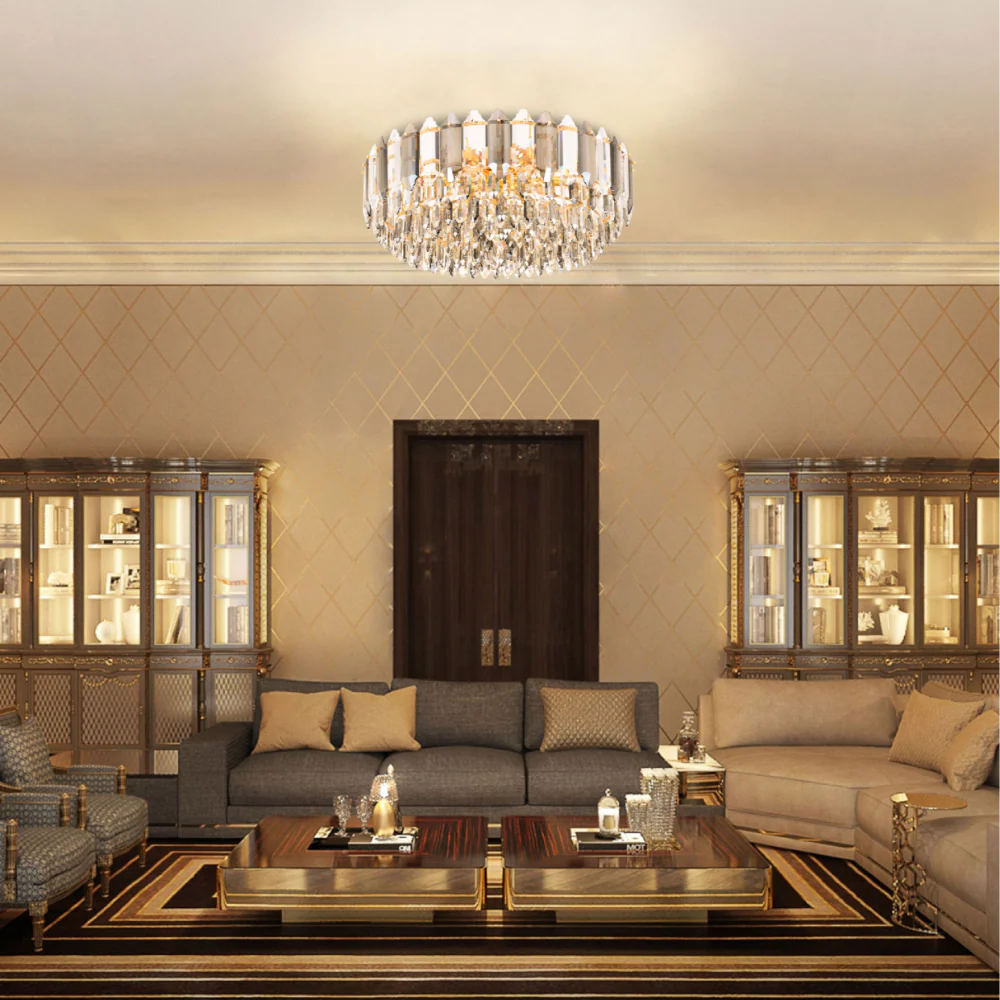 Interior use of Golden Tiered Radiance Chandelier Ceiling Light with Alternating Crystal Hues | TEKLED 159-17924