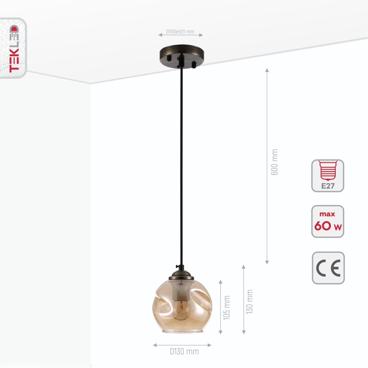 Product dimensions of amber glass dome antique brass metal pendant light e27