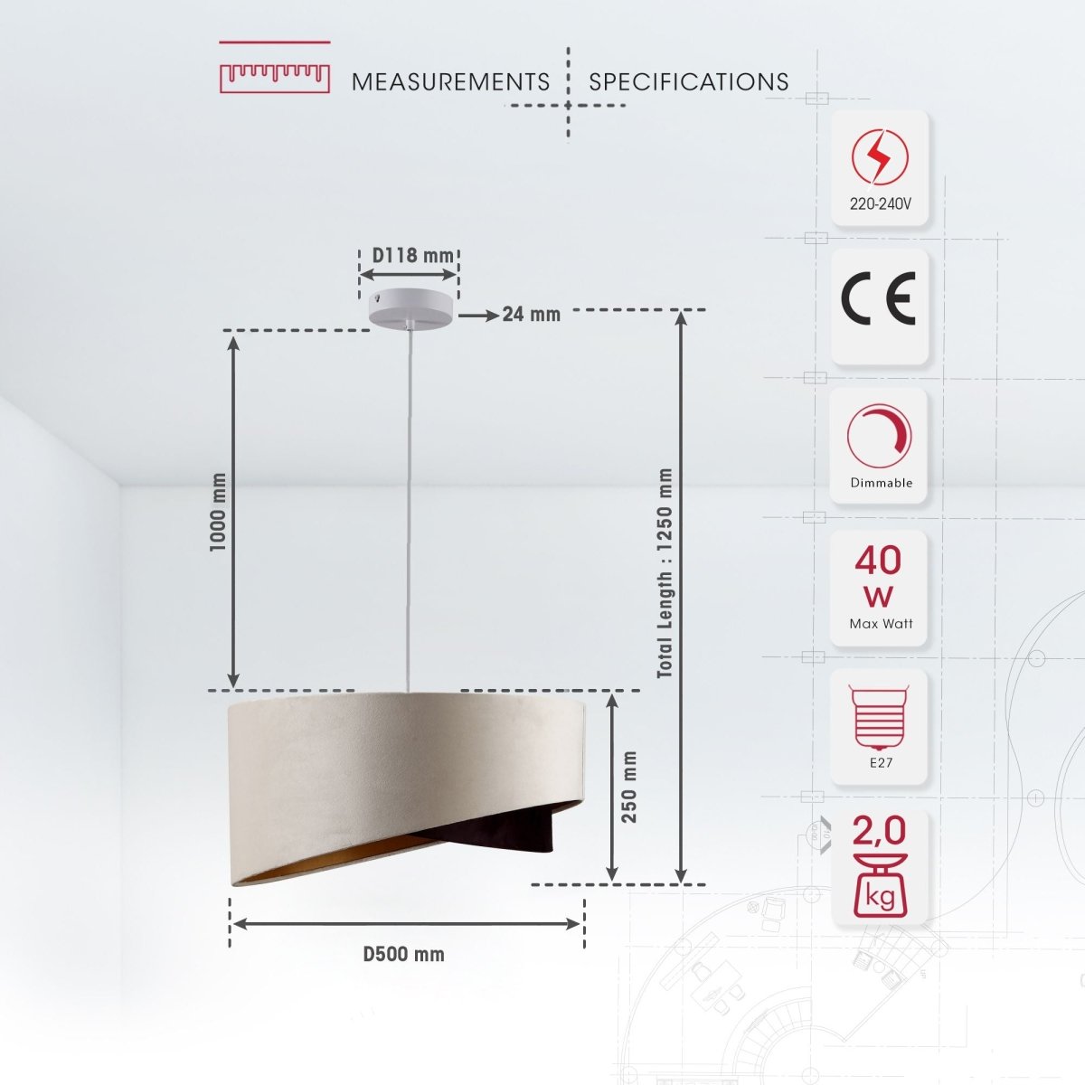 Product dimensions of beige coffee fabric cylinder pendant light with e27 fitting