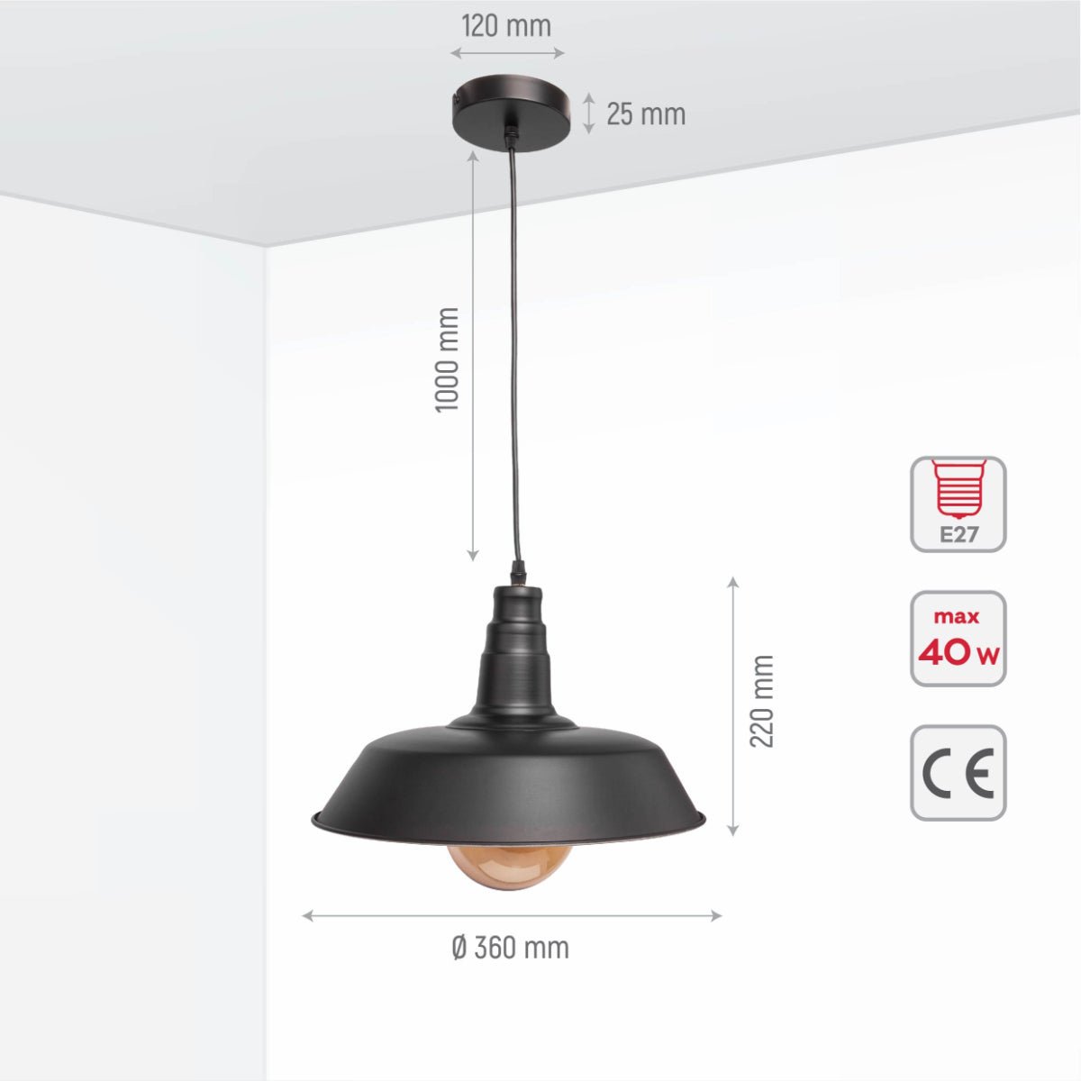 A black pendant light with a circular shade, suspended from a ceiling fitting. Includes measurements.