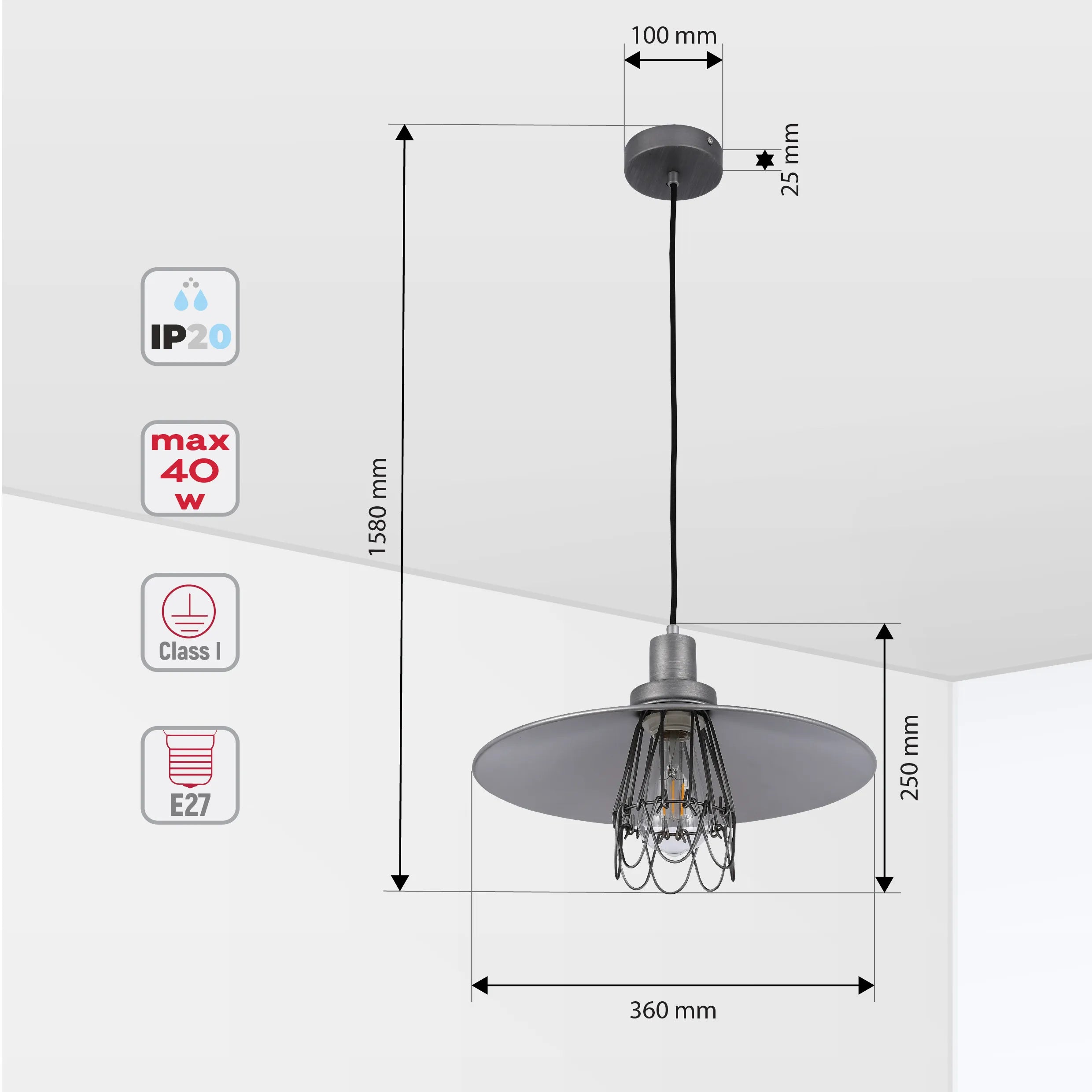 Industrial style pendant light with grey shade. Dimensions given. Takes an E27 bulb, max 40W.