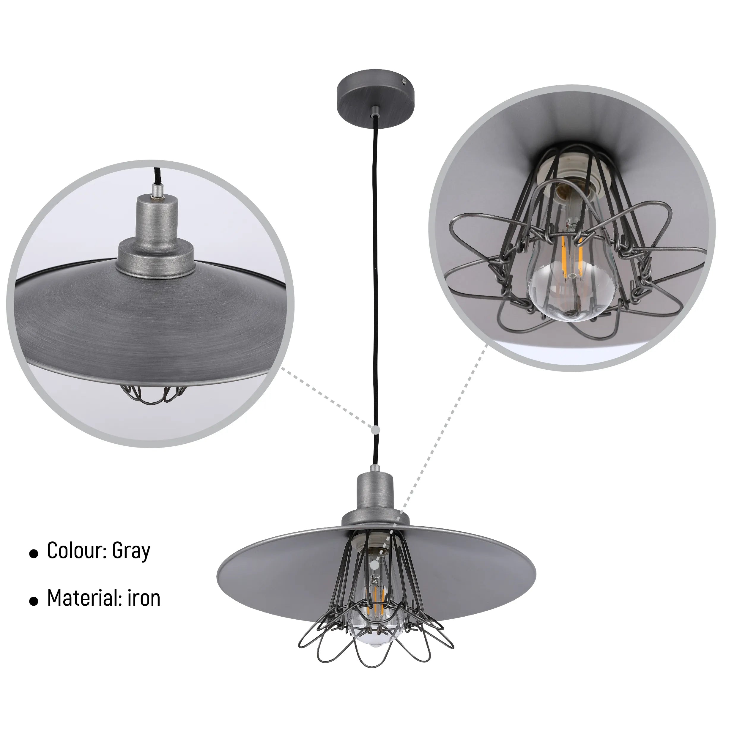 Grey iron pendant light fixture with exposed bulb and cage design, creating an industrial vintage aesthetic.