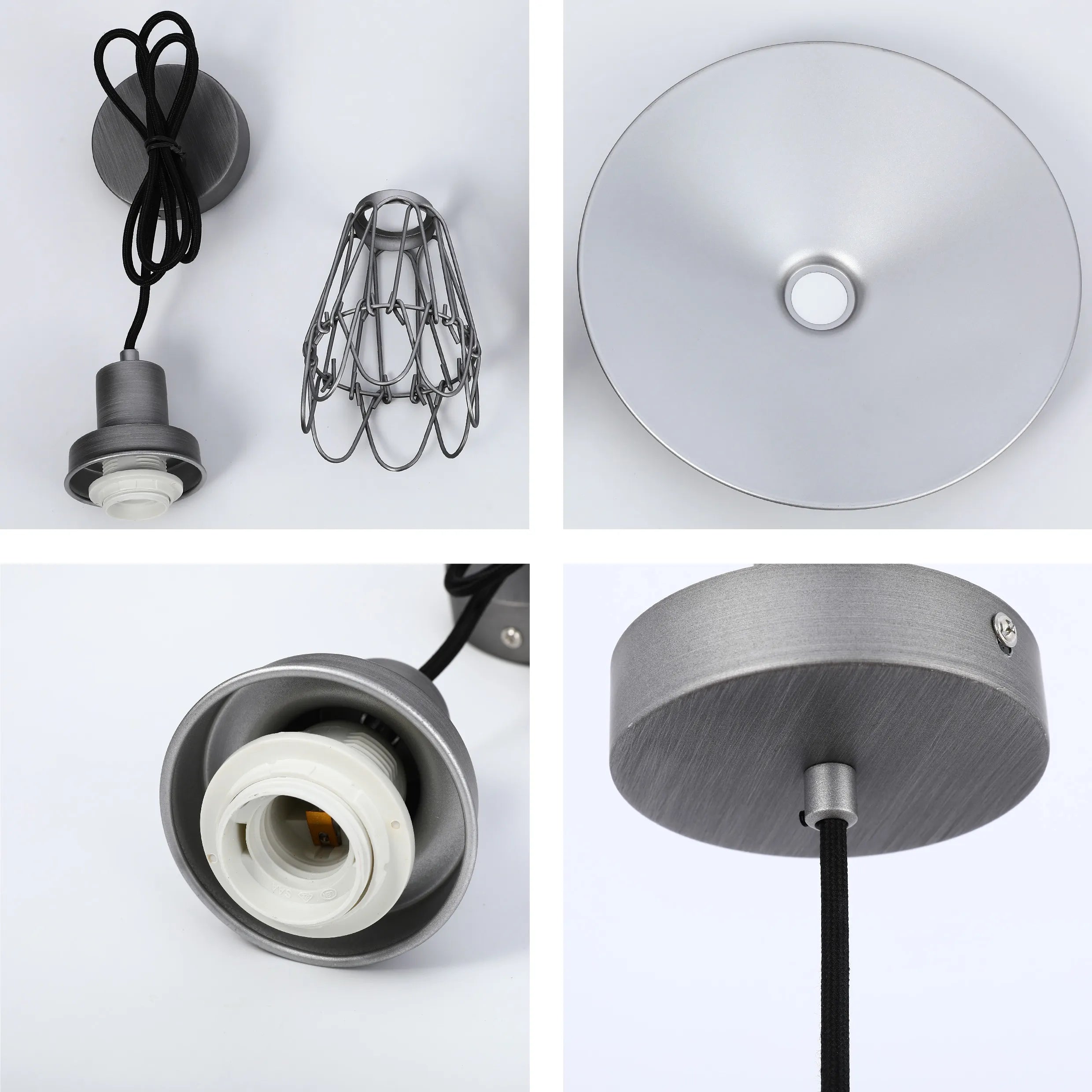Silver pendant light with cage lampshade. Vintage style with a black fabric cable.
