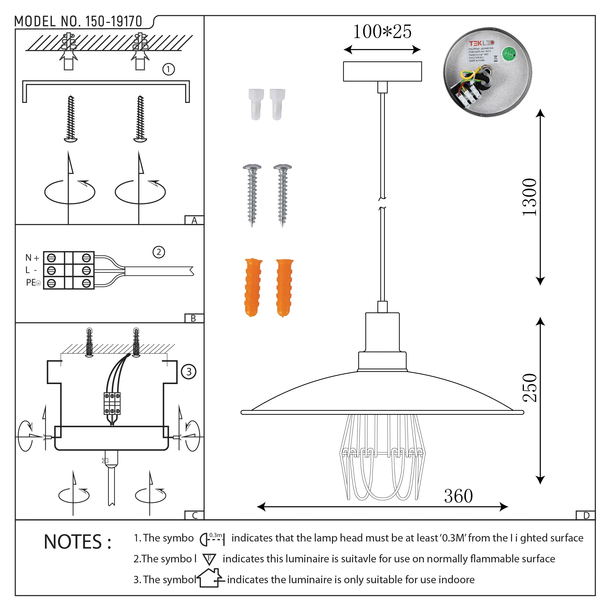 Technical drawing of a pendant light, detailing dimensions and installation steps. Shows a classic industrial-style design.