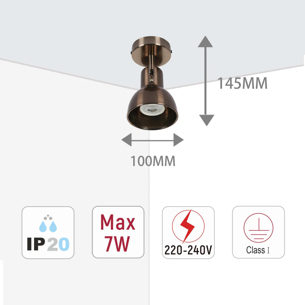A bronze spotlight fitting with a 145mm drop and 100mm diameter, shown with IP20, Max 7W, 220-240V and Class I electrical ratings.