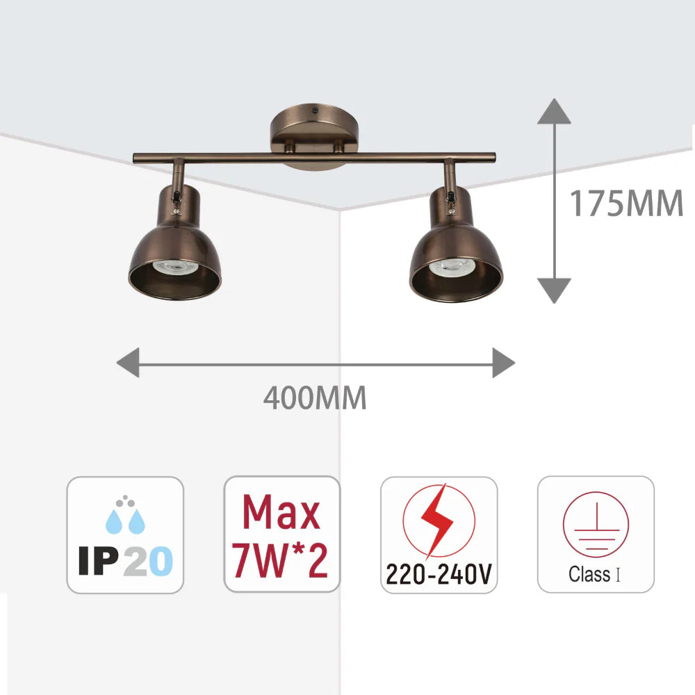 A bronze-coloured, two-bulb ceiling spotlight with technical specifications, including a height of 175mm and a length of 400mm.
