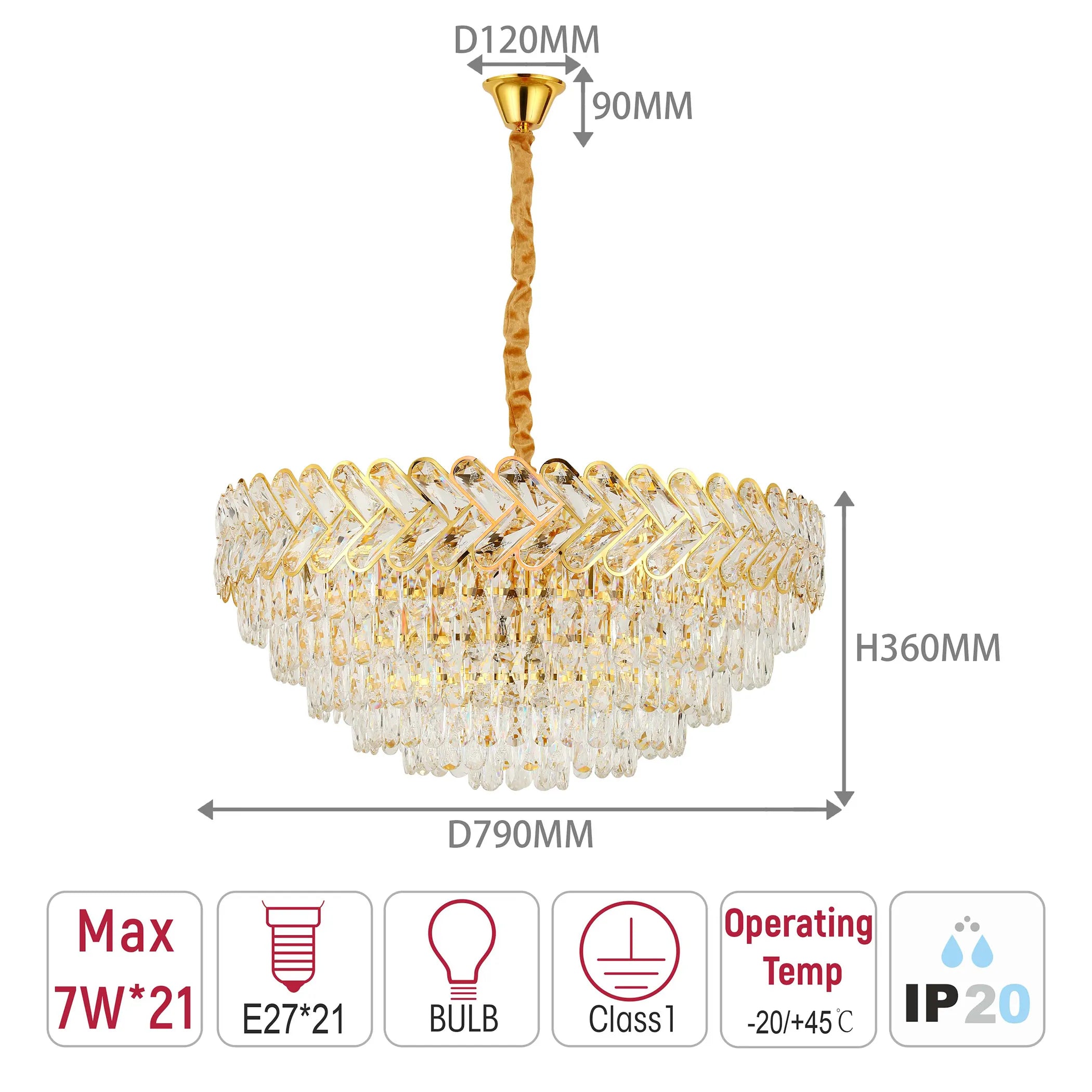 Crystal chandelier with gold frame. Dimensions: 790mm wide, 360mm tall. Requires E27 bulbs. Operating temp: -20/+45°C.