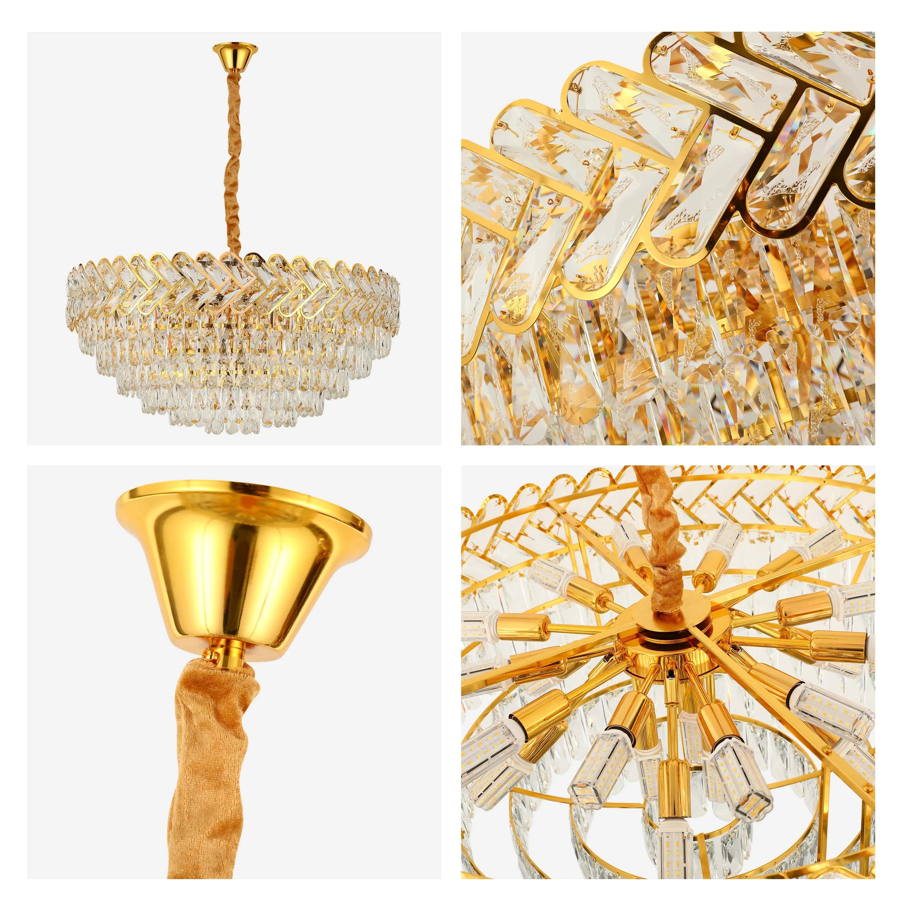Glamorous gold chandelier with crystal accents, adds elegance to any space. Interior lighting