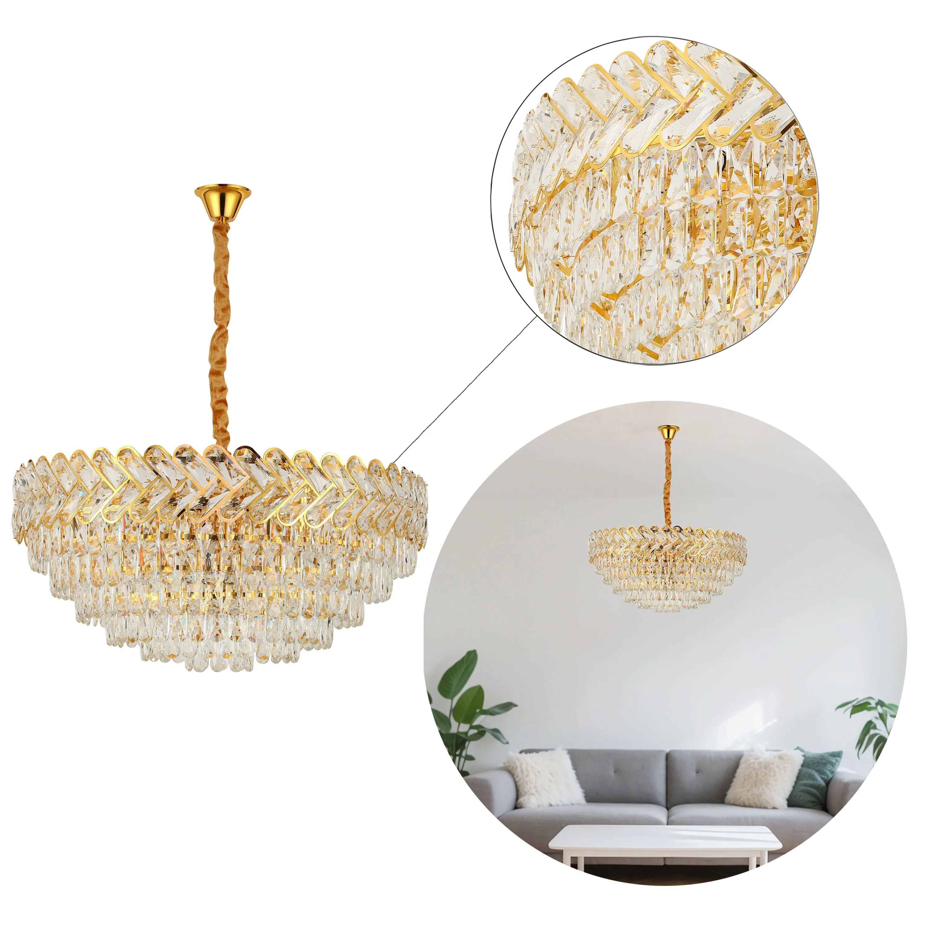 A gold-framed crystal chandelier provides stylish overhead lighting. Its cascading design adds glamour to any room.