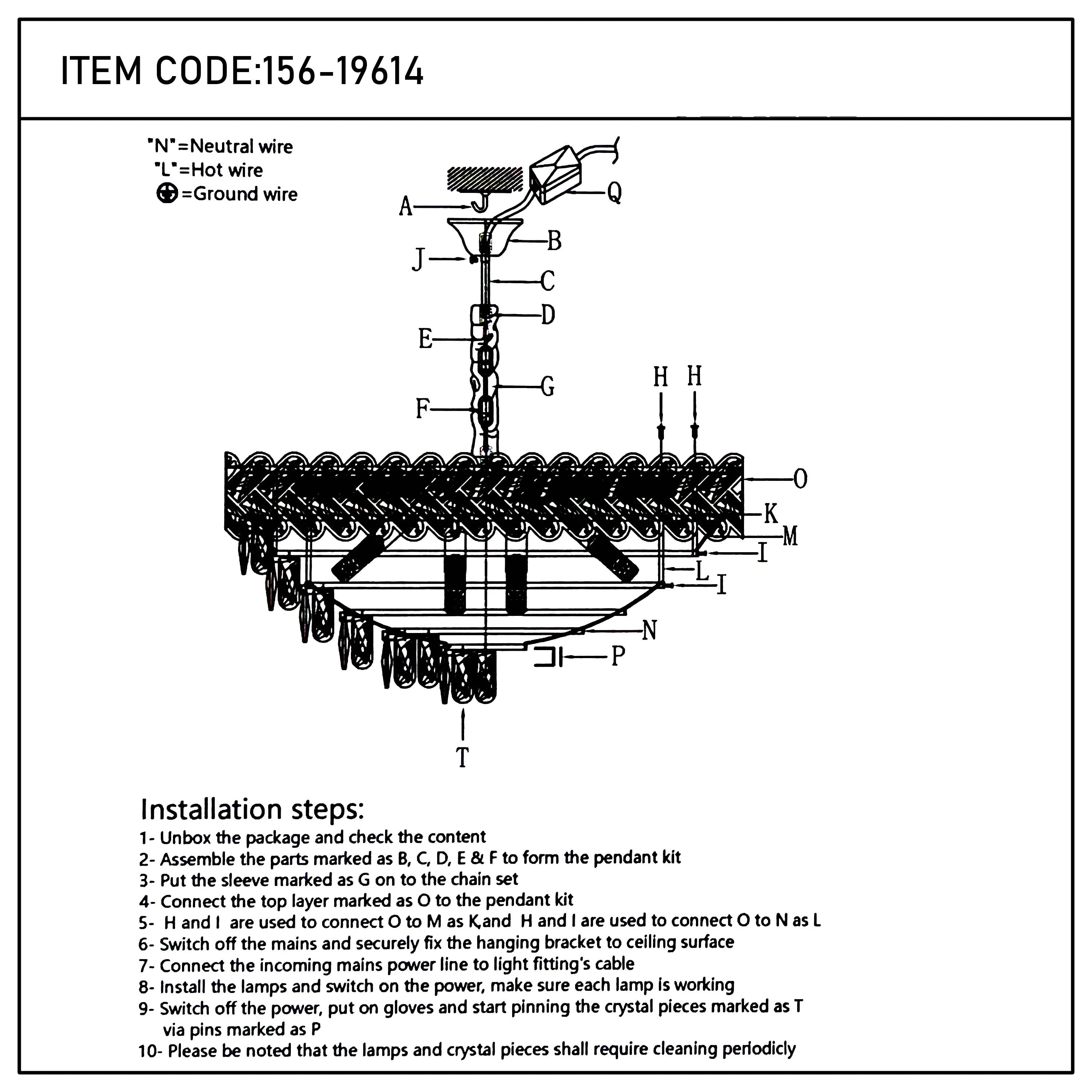 A technical drawing of a pendant chandelier highlighting components and installation steps.