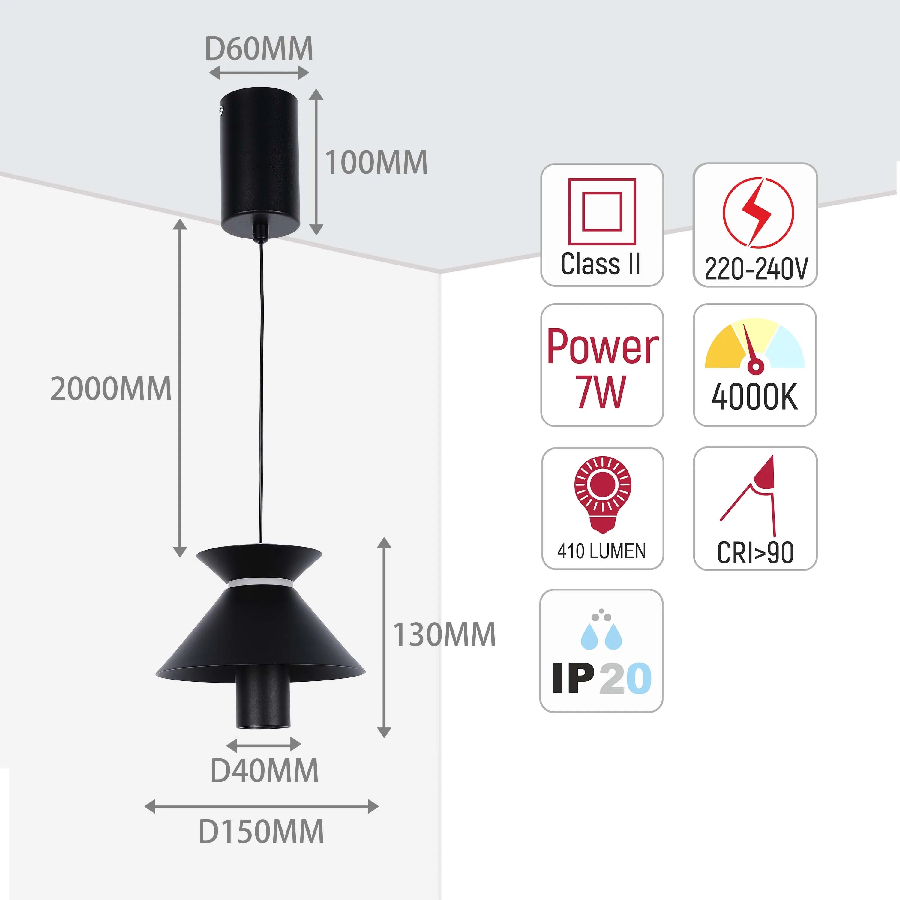 Pendant light technical diagram showing dimensions, voltage, wattage, colour temperature, and IP rating.