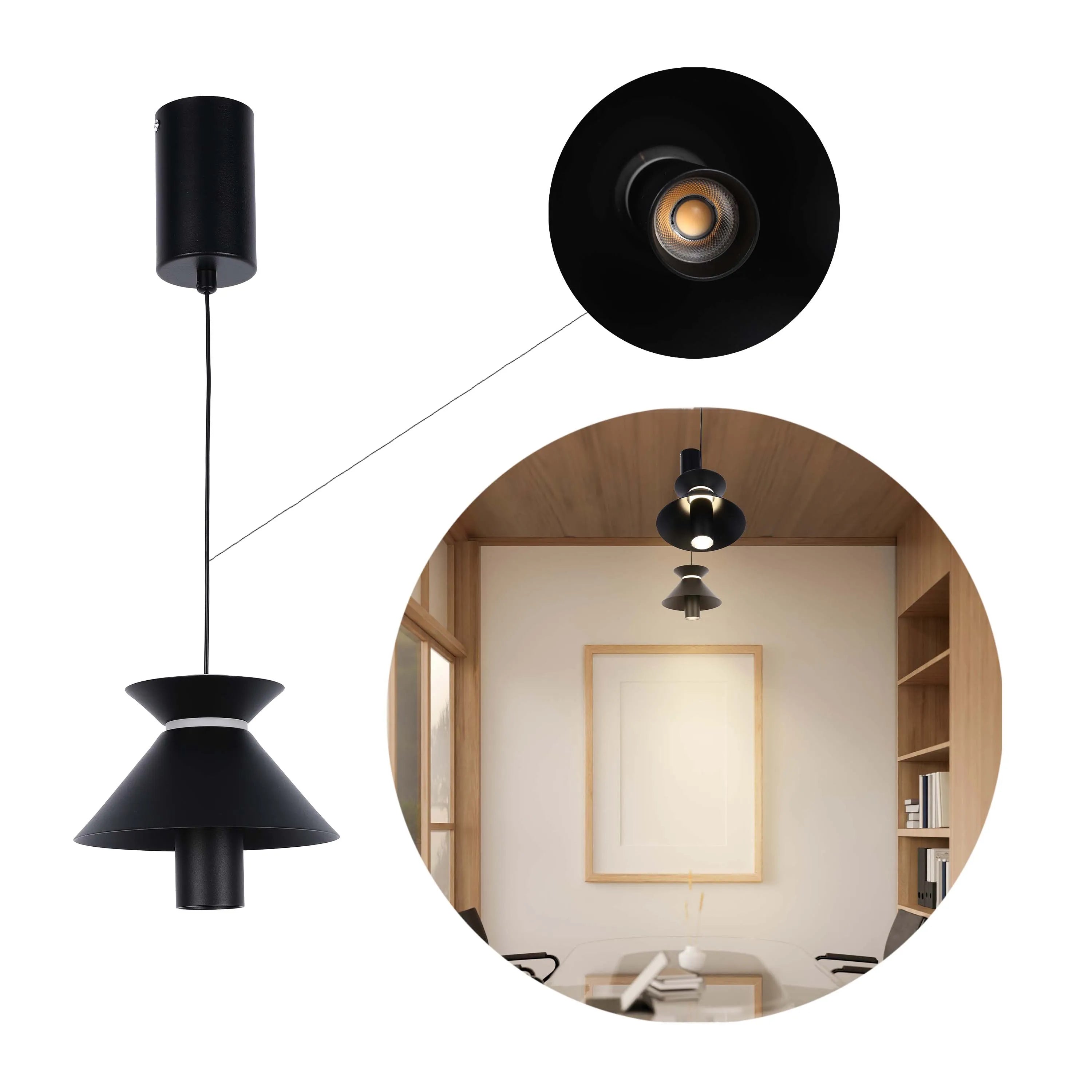 Black pendant light with a conical shade, suspended by a cable. Creates warm, directional lighting.