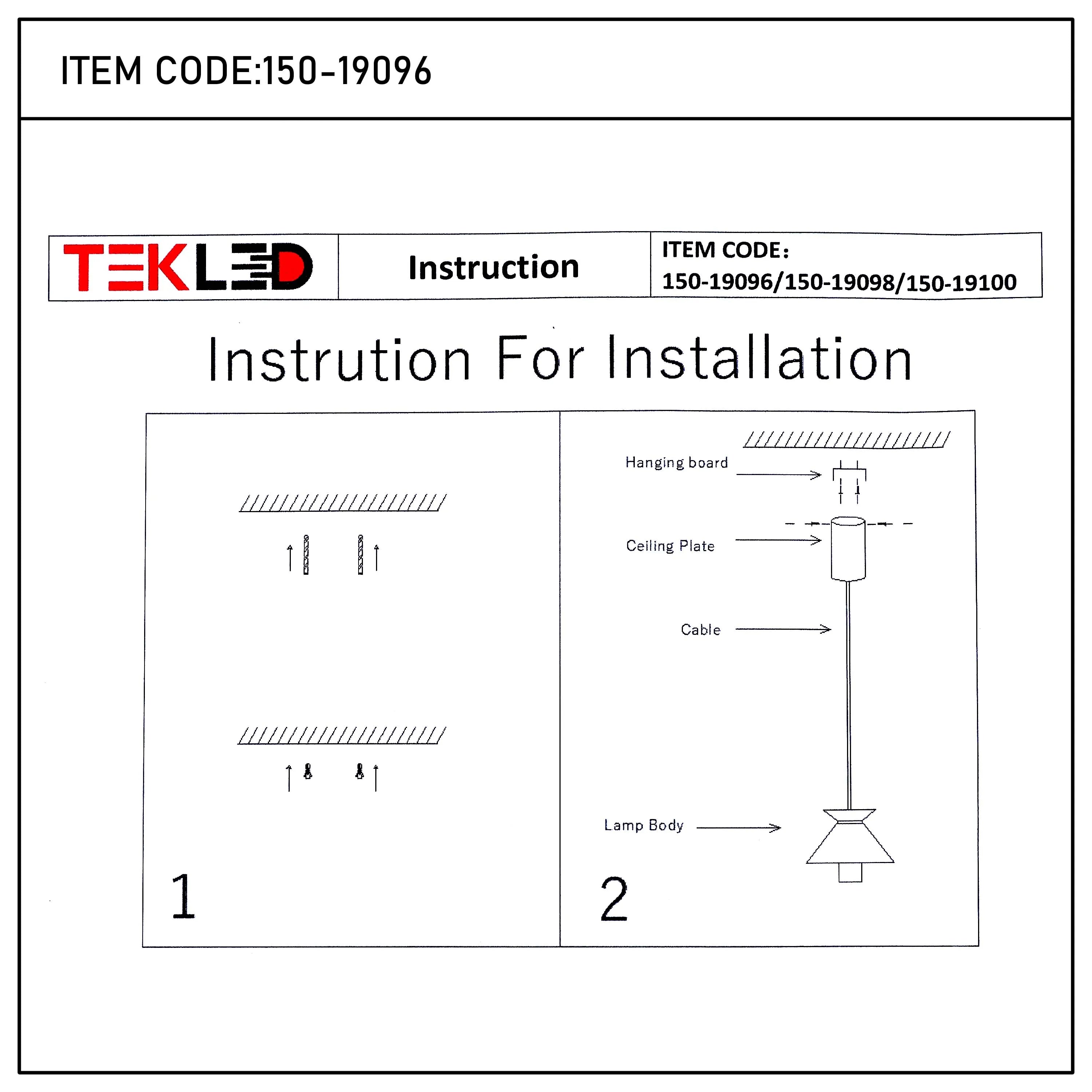 Instructional drawing of a pendant light fixture, illustrating hanging steps, item codes and product assembly for install