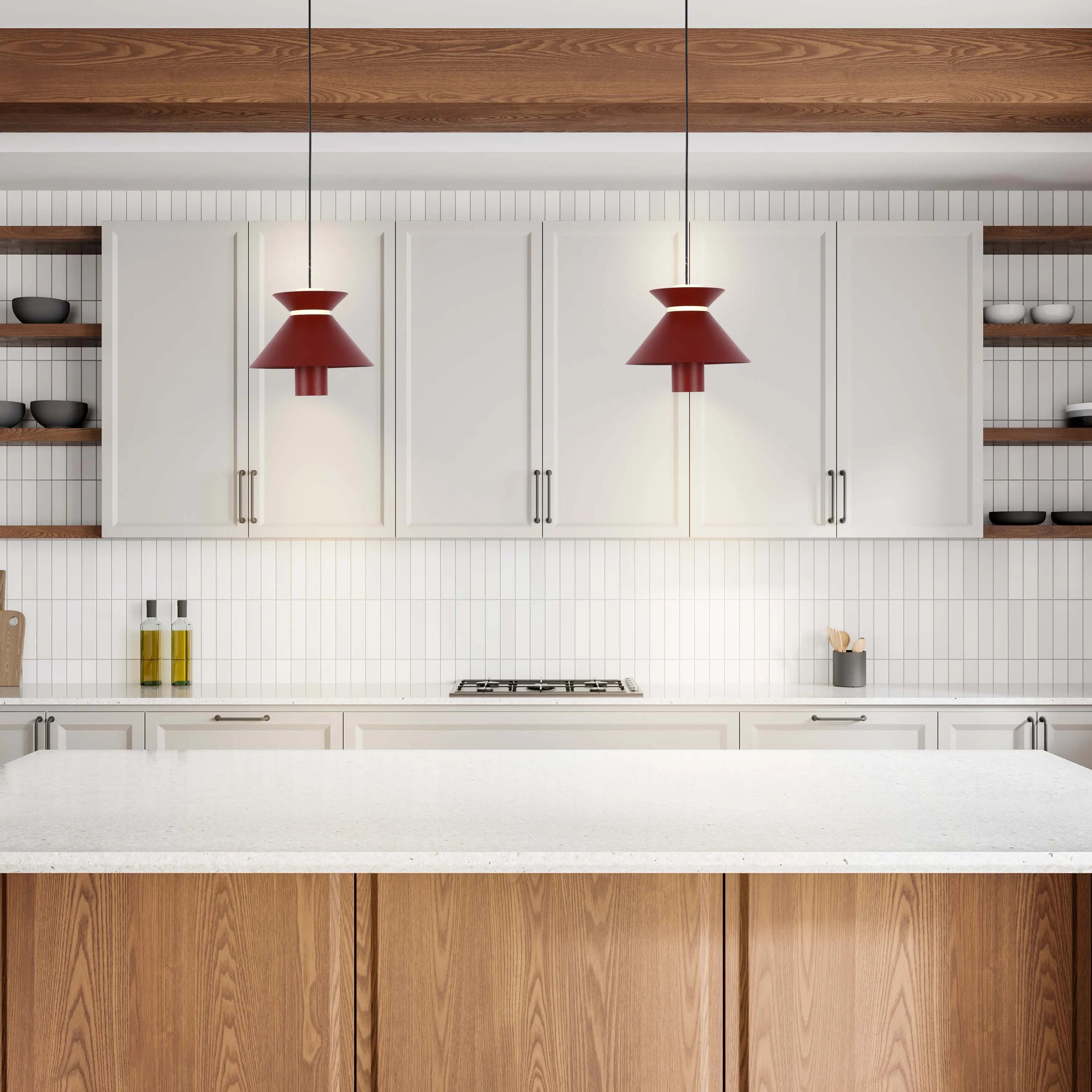 Modern kitchen lighting featuring red pendant lights above an island, complementing the sleek, bright design.