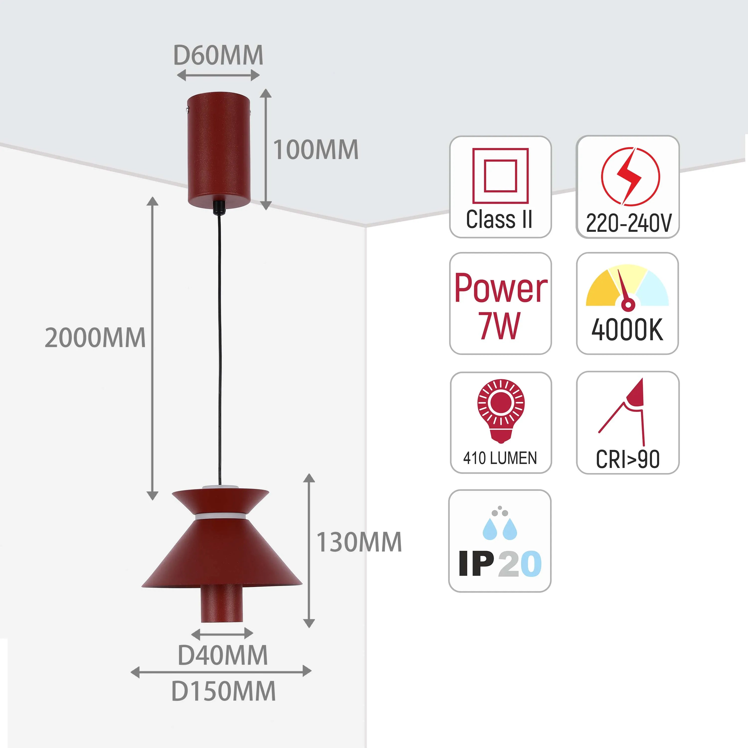 Technical diagram of a modern pendant light, showing dimensions and specifications like wattage and colour temperature.