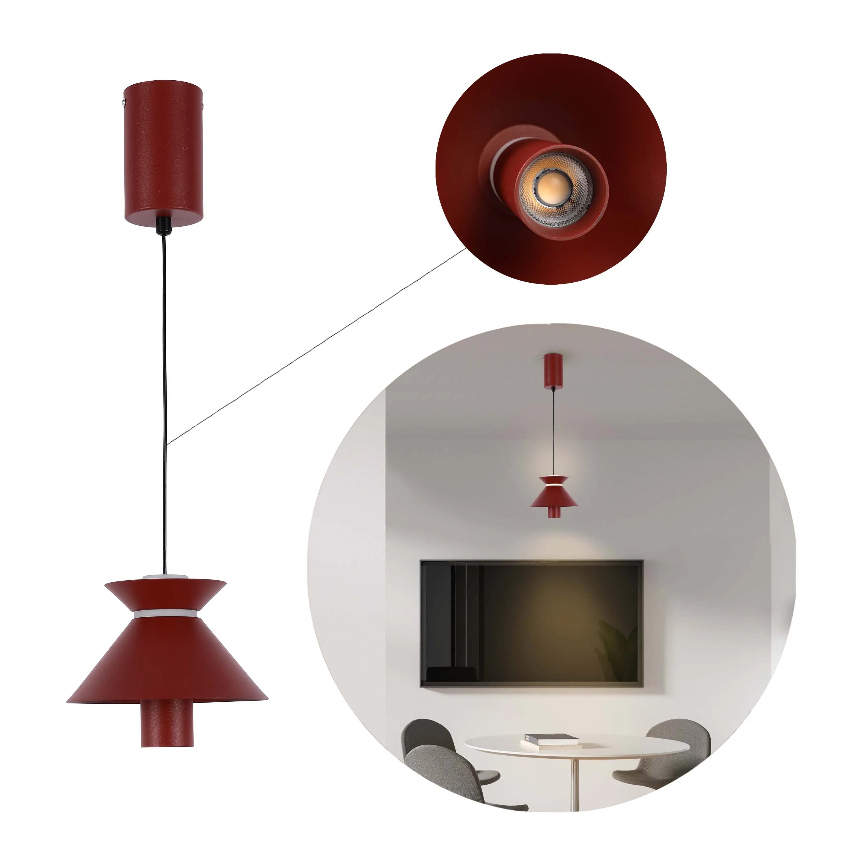 A sleek, burgundy pendant light. A modern design creates a soft, warm glow for any living space.