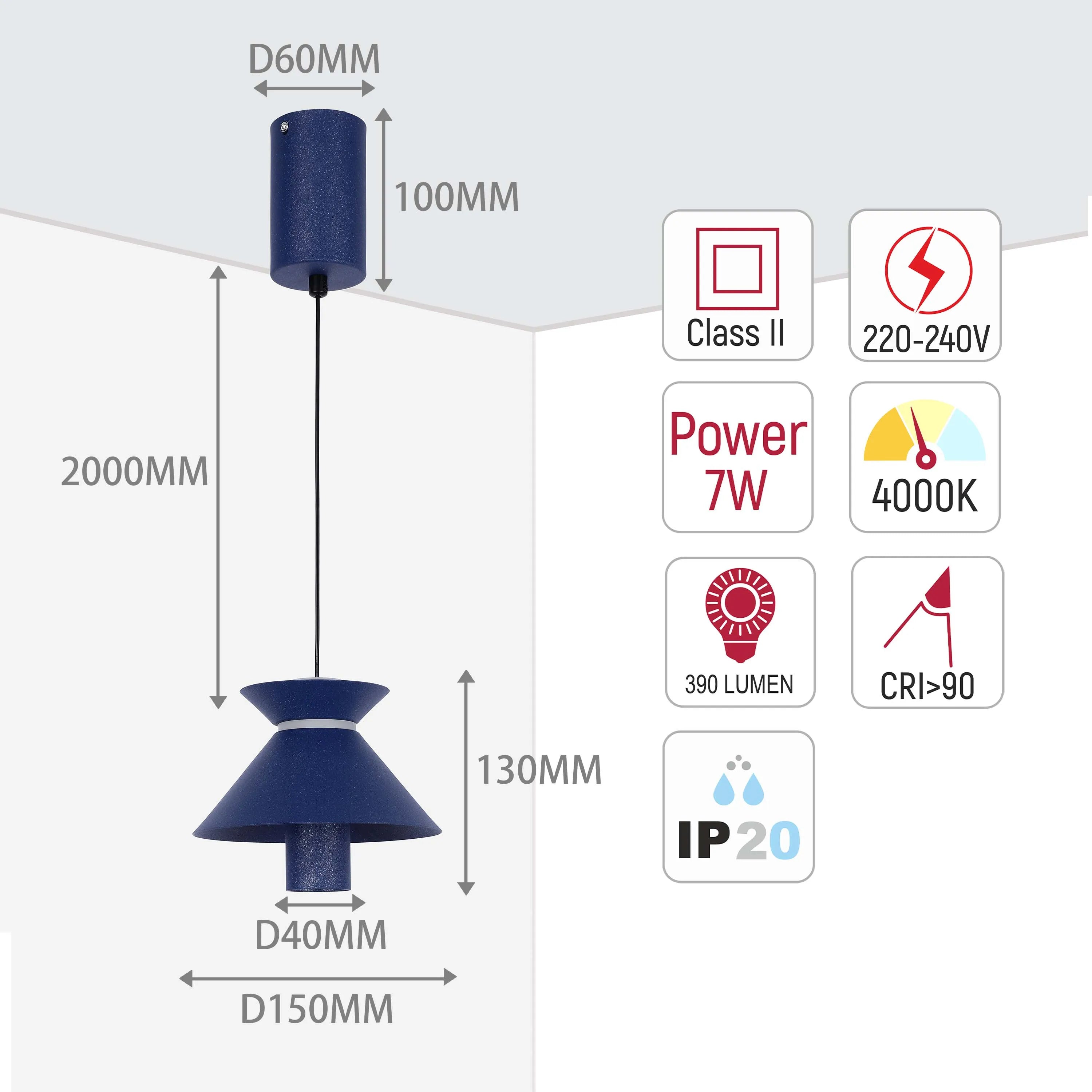 A stylish blue pendant light. Dimensions and specs are overlaid, including 2000mm drop, 7W power, and 390 lumen output.