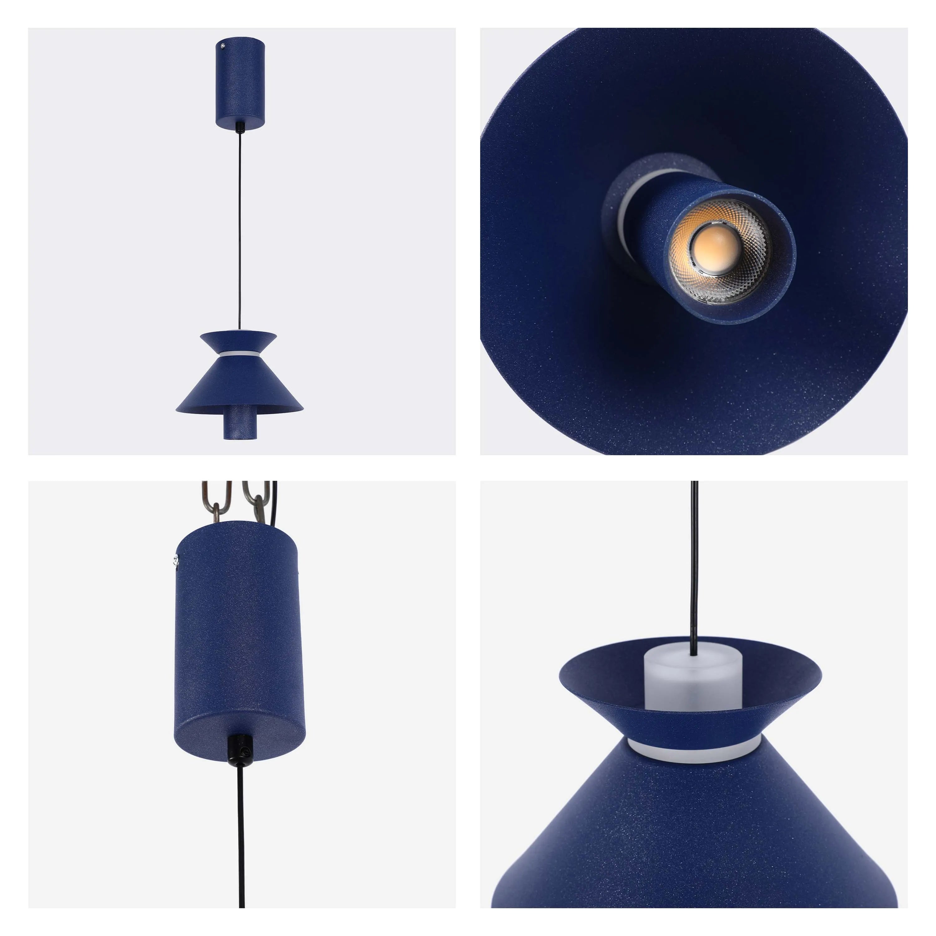 Stylish blue pendant light with a sleek, modern design. A great addition to any contemporary interior.