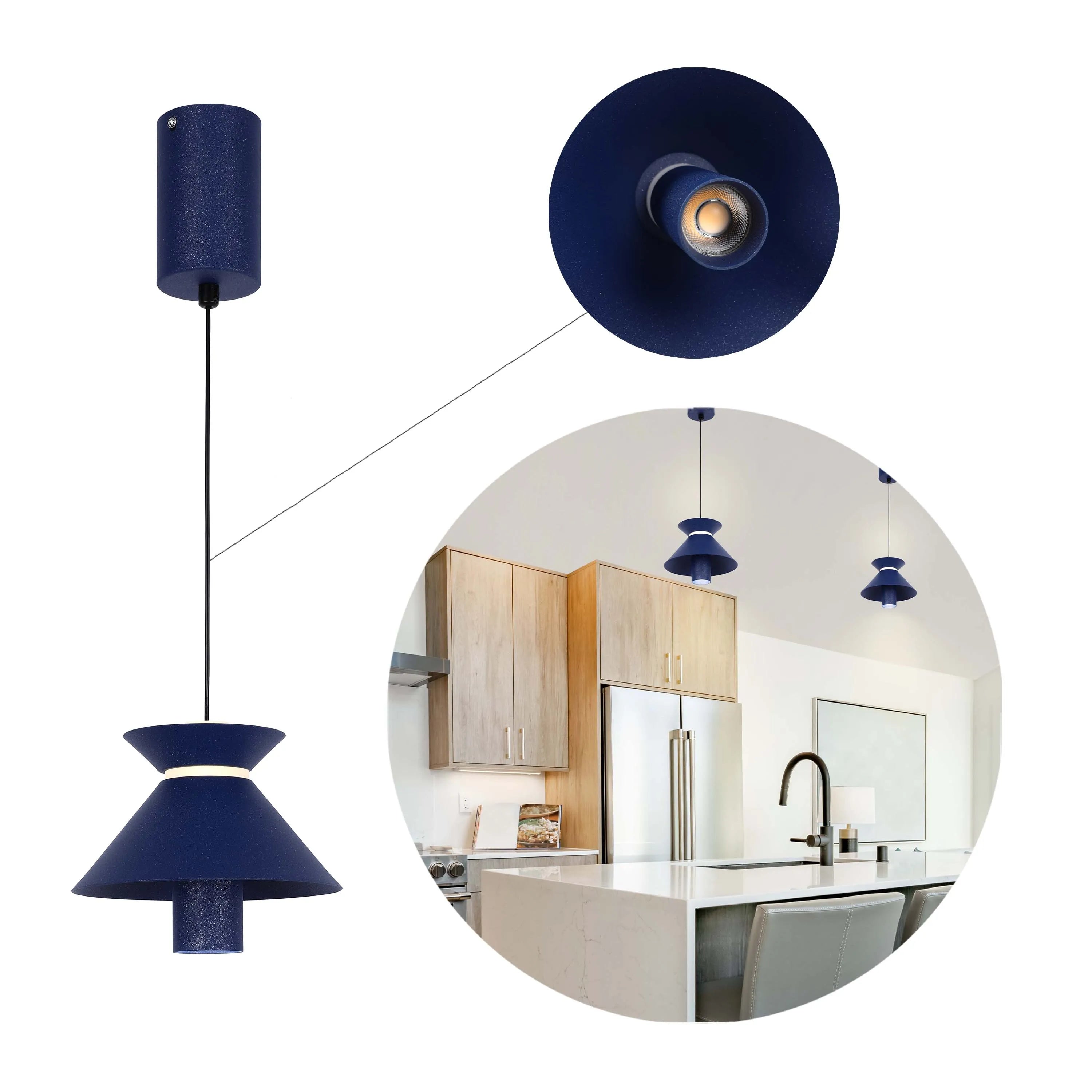Navy blue pendant lights illuminate a modern kitchen. Close-up shows the lightbulb in detail.
