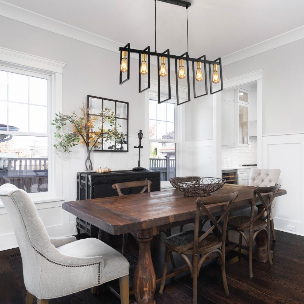 More interior usage of Black Metal Body Cage Modern Kitchen island Chandelier Ceiling Light with Gold 6xE27 Fittings | TEKLED 159-17874
