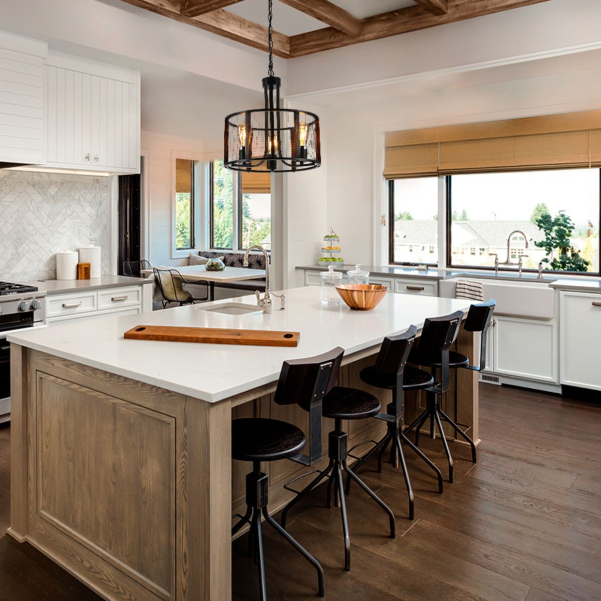 More interior usage of Black Metal Natural Wood Cylinder Cage Pendant Ceiling Light with 3xE27 | TEKLED 156-19530